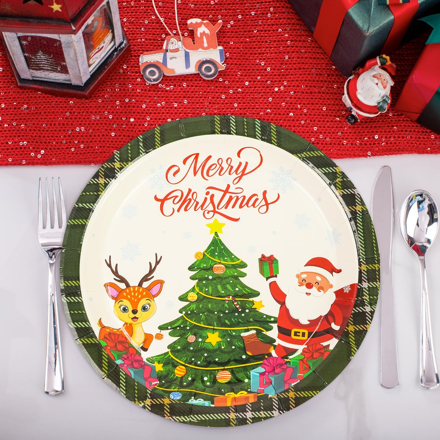 EVYIENEN 50pcs Disposable 7 Inch Paper Plates - Dessert Plates With Merry Christmas Letters, Party Decoration Supplies