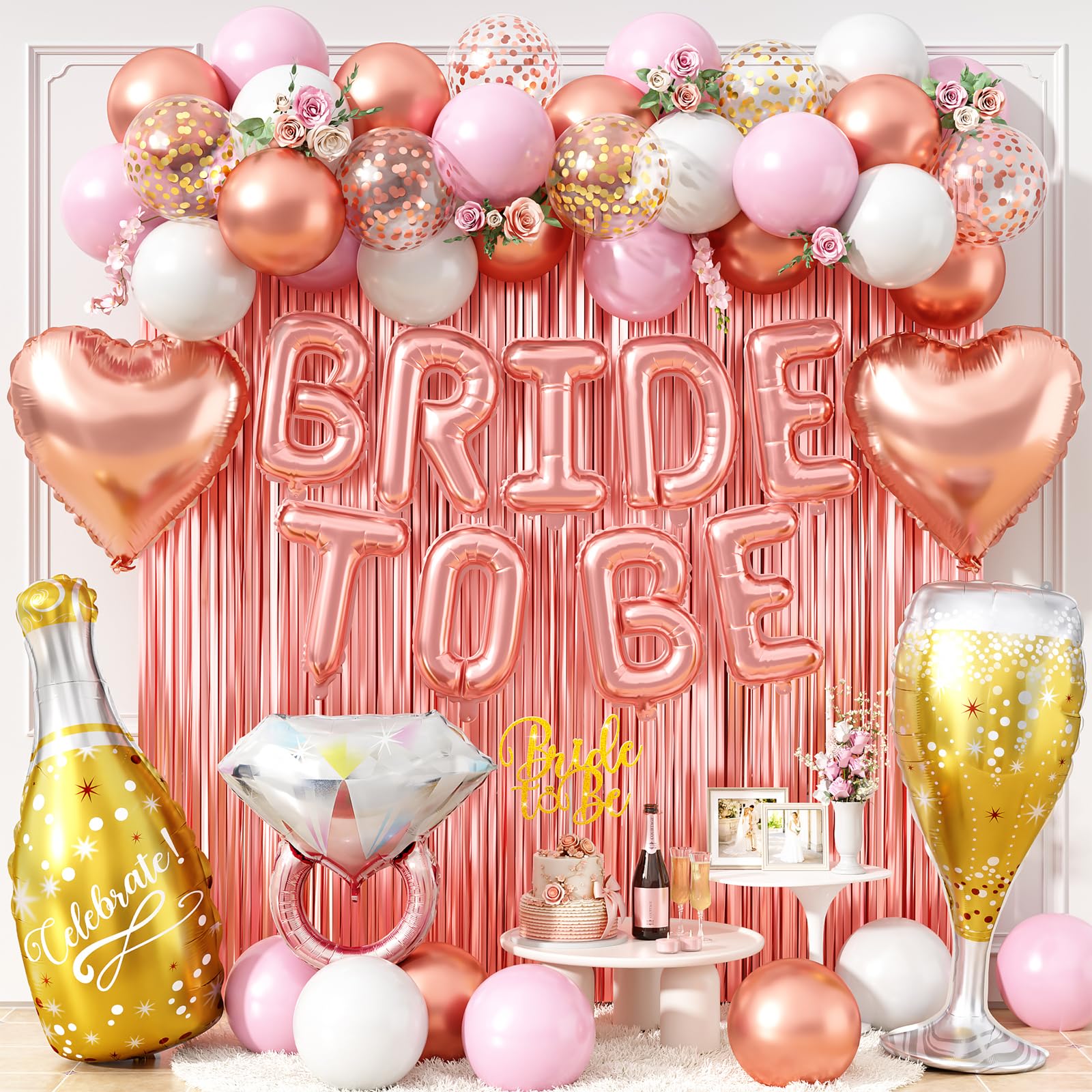 Rose Gold Bachelorette Party Decorations, Bride To Be Bridal Shower Balloons Banner Cake Topper, Pink White Gold Confetti Ring Champagne Bottle Glass Balloons Foil Curtains for Engagement Wedding