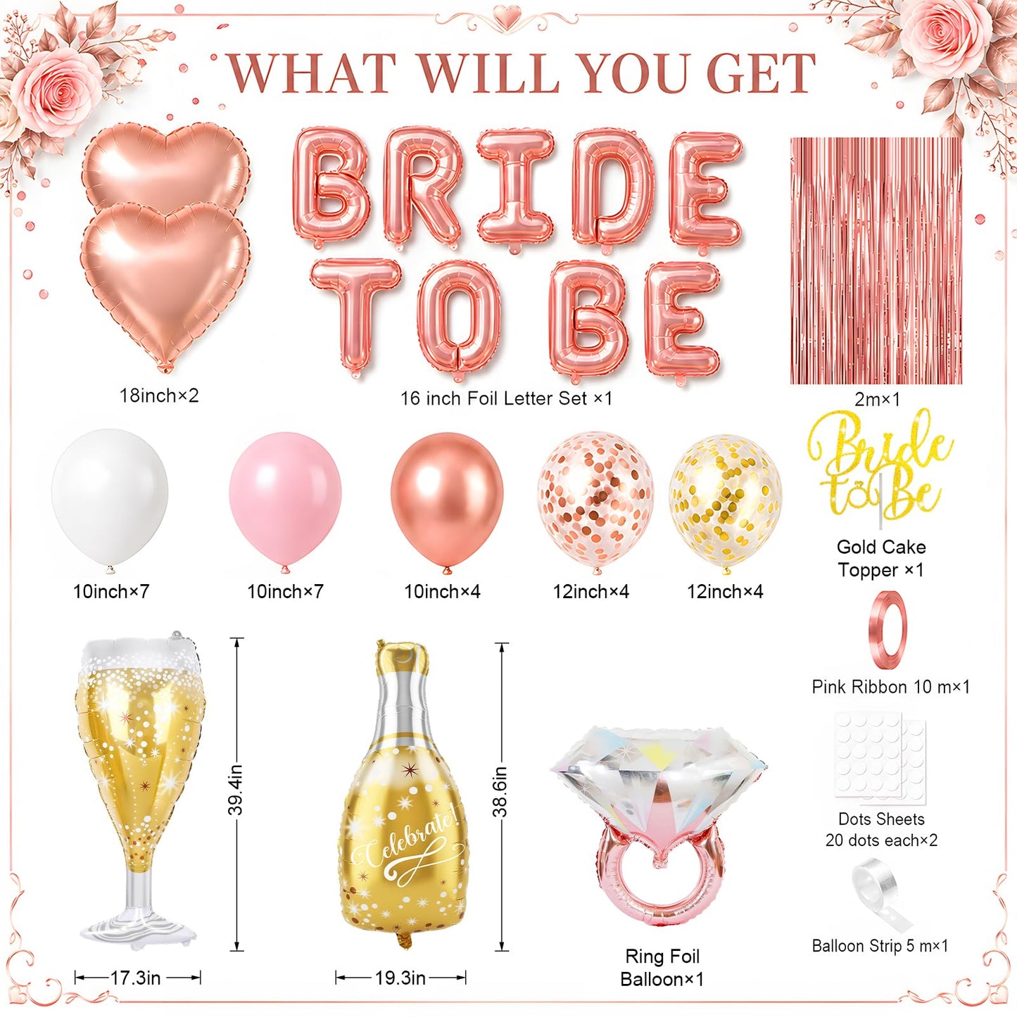 Rose Gold Bachelorette Party Decorations, Bride To Be Bridal Shower Balloons Banner Cake Topper, Pink White Gold Confetti Ring Champagne Bottle Glass Balloons Foil Curtains for Engagement Wedding