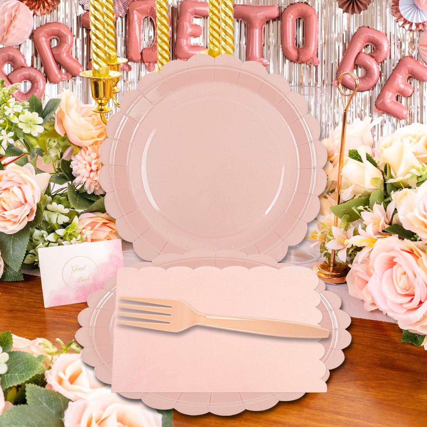 150Pcs Pink Paper Plates and Napkins,50 Guest Pink Scalloped Paper Tableware Forks Disposable Dinnerwaret Kit for Baby Shower Bridal Wedding Birthday Valentine Party New Year Decorations (9inch)