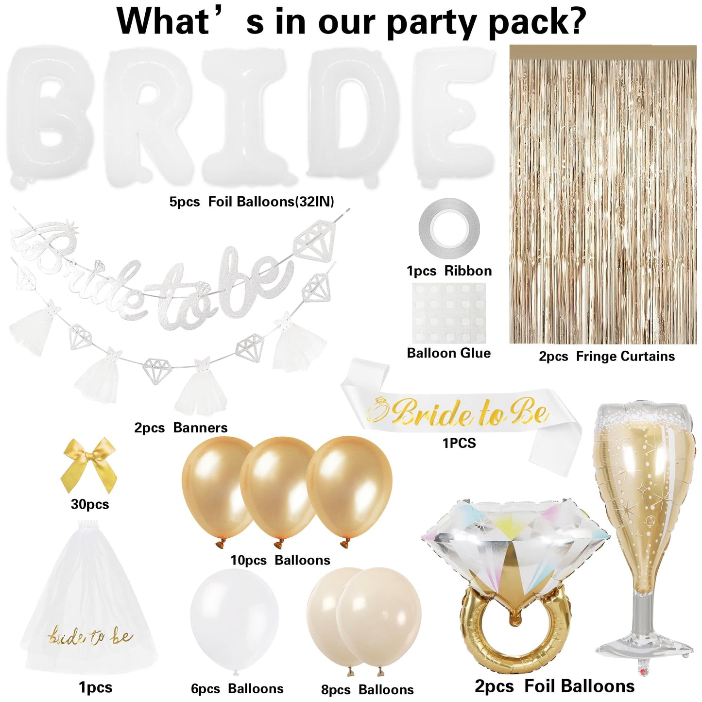 Sand White Bachelorette Party Decorations - 67pcs Bridal Shower Bride to Be Decor with Bride Banner Balloons, Fringe Curtains Veil Sash for Wedding Engagement Coast Hen Party