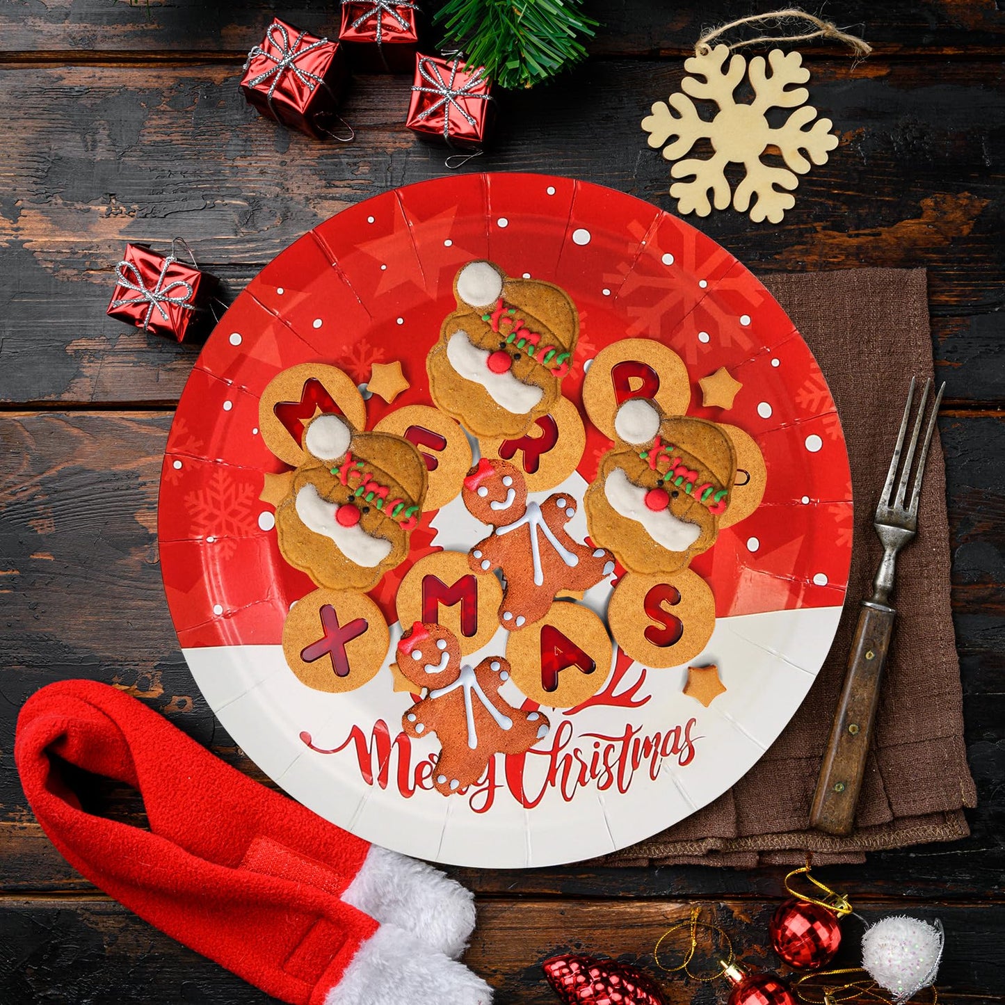 EVYIENEN 50PCS 7Inch Merry Christmas Paper Plates, Disposable Dessert Plates, Red Paper Plates With White Christmas Tree Pattern, Xmars Party Decoration Supplies