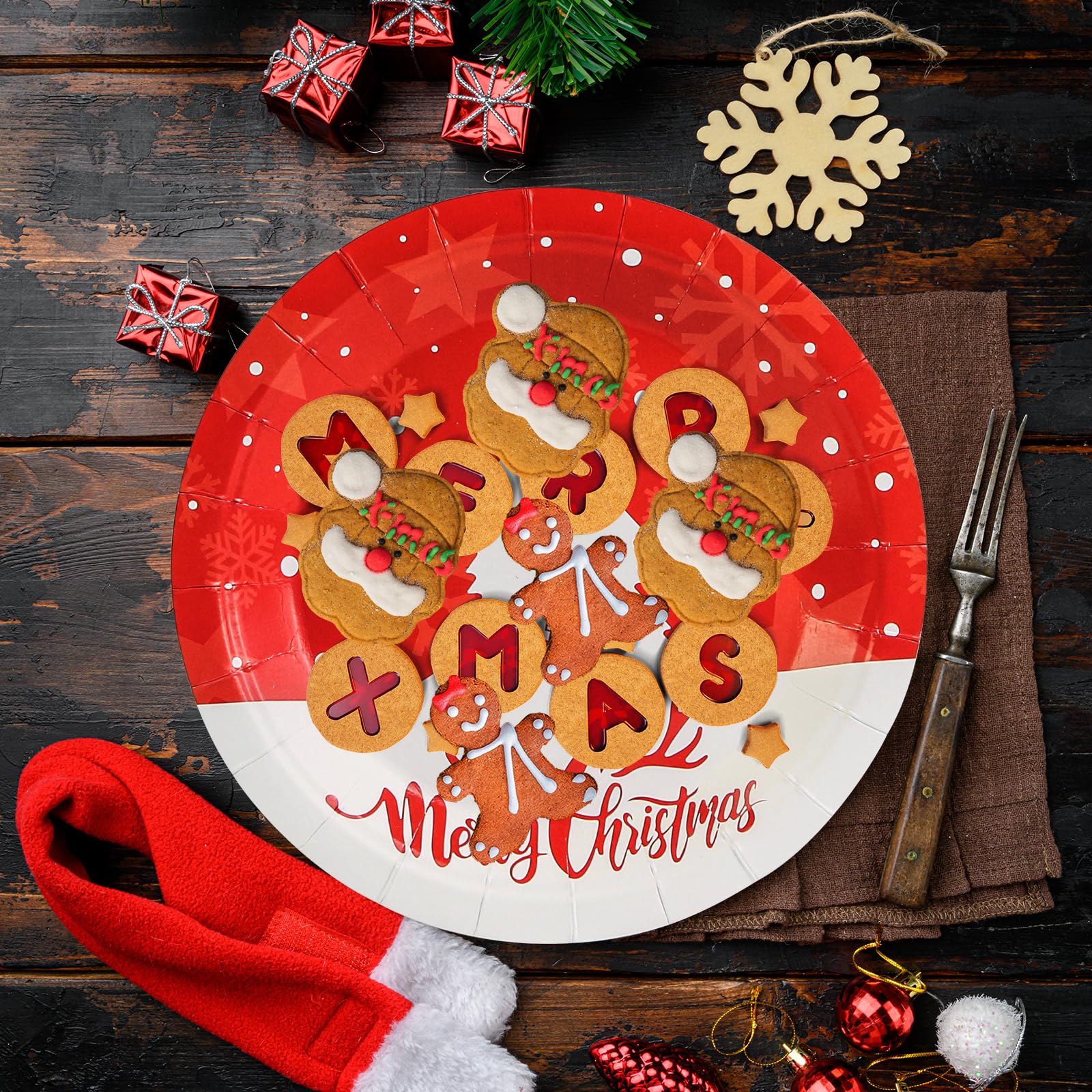 EVYIENEN 50PCS 7Inch Merry Christmas Paper Plates, Disposable Dessert Plates, Red Paper Plates With White Christmas Tree Pattern, Xmars Party Decoration Supplies