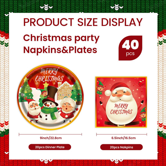 EVYIENEN 40pcs Christmas Paper Plates and Napkins Set, Christmas Party Supplies Disposable Holiday Santa Claus Tableware for Merry Xmas Winter Holiday Theme Party Decor,Serves 20