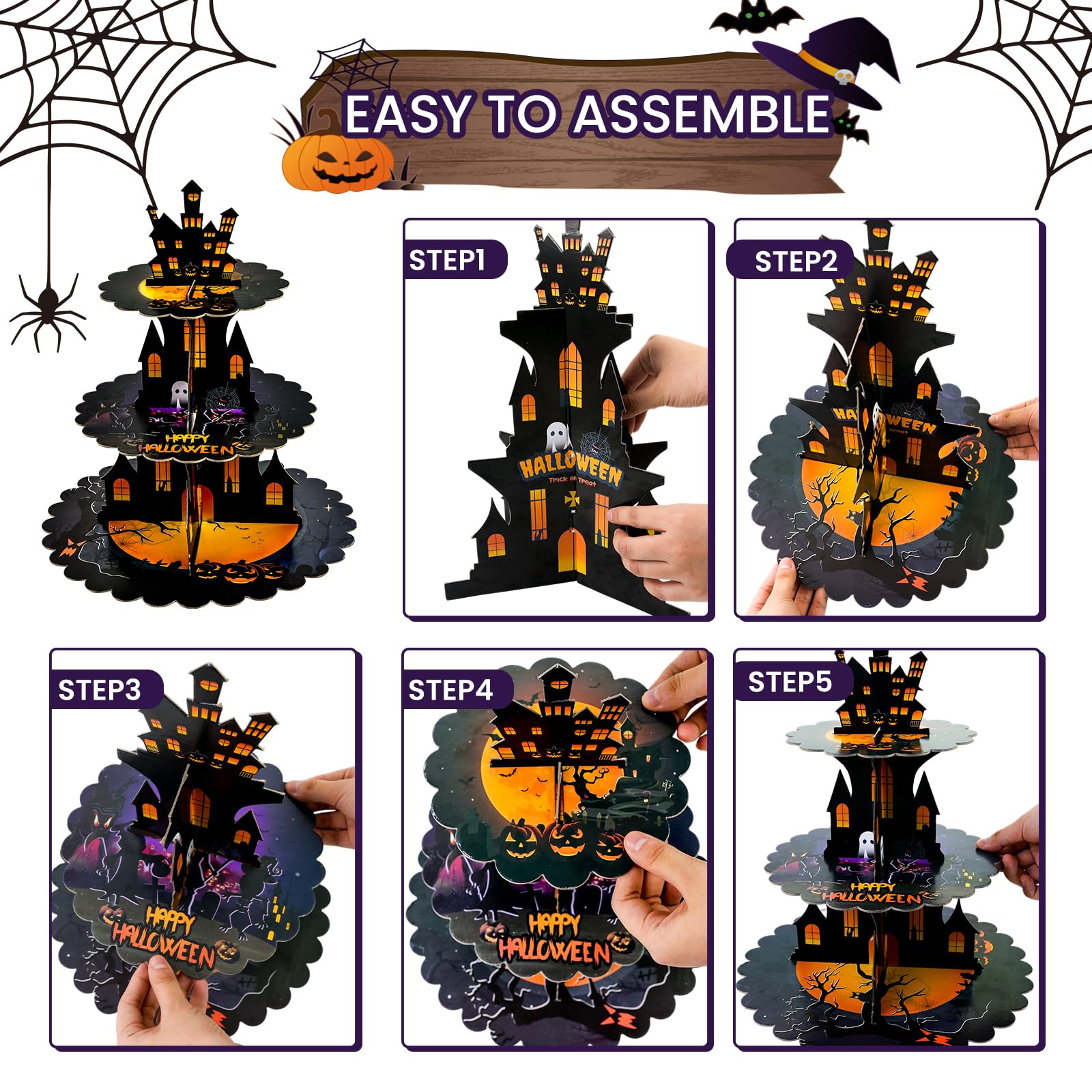 Halloween Cupcake Stand Supplies 3 Tier Cupcake Stand Cardboard Cake Stand Horror Theme Party Supplies Dessert Tower Holder for Halloween Table Decorations (Purple)