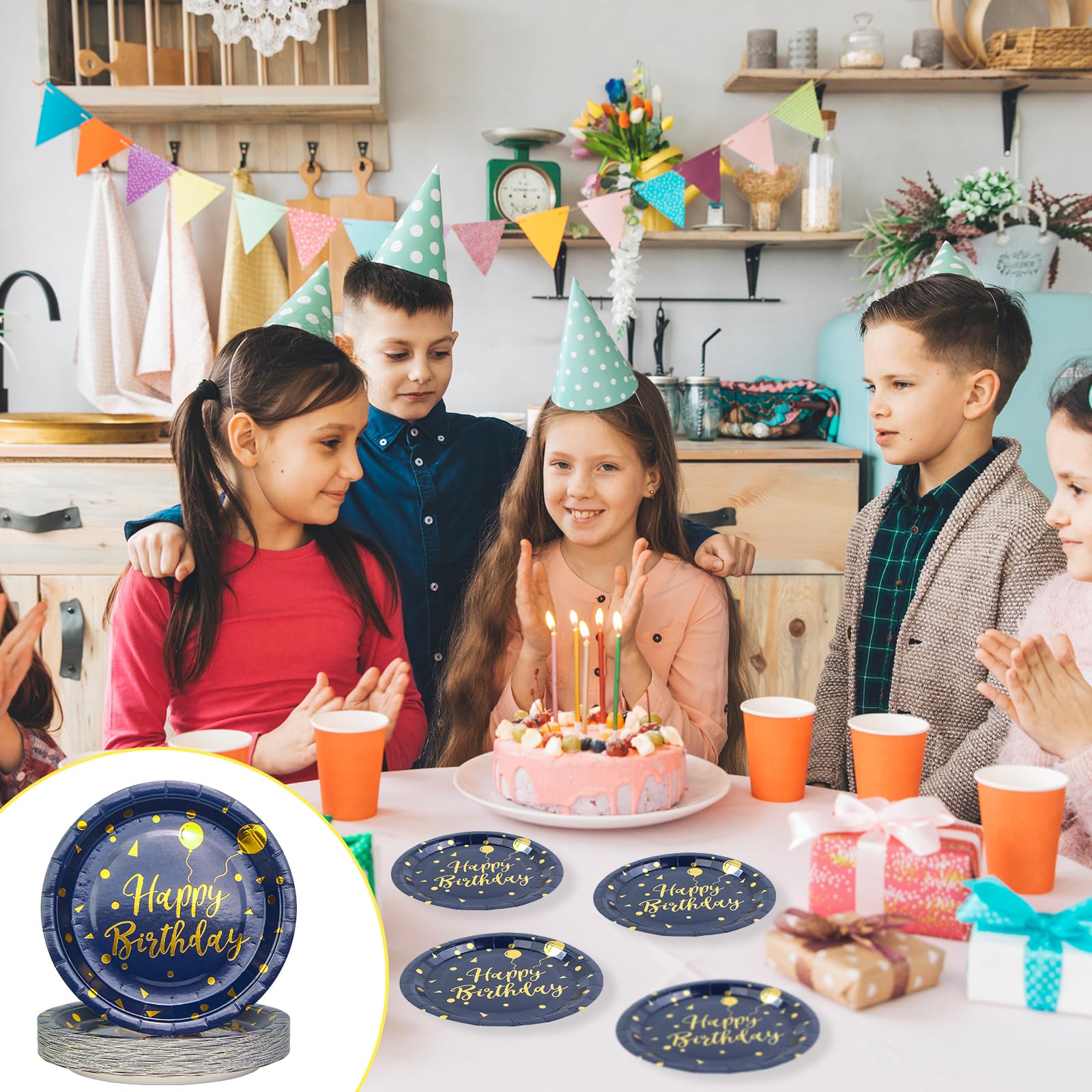 EVYIENEN 50 Pack Disposable Paper Plates 7 inch Dark Blue Gold Happy Birthday Metallic Foil Polka Dots Dessert Party Plates for Graduation Birthday Cocktail Party Weddings Holiday Christmas