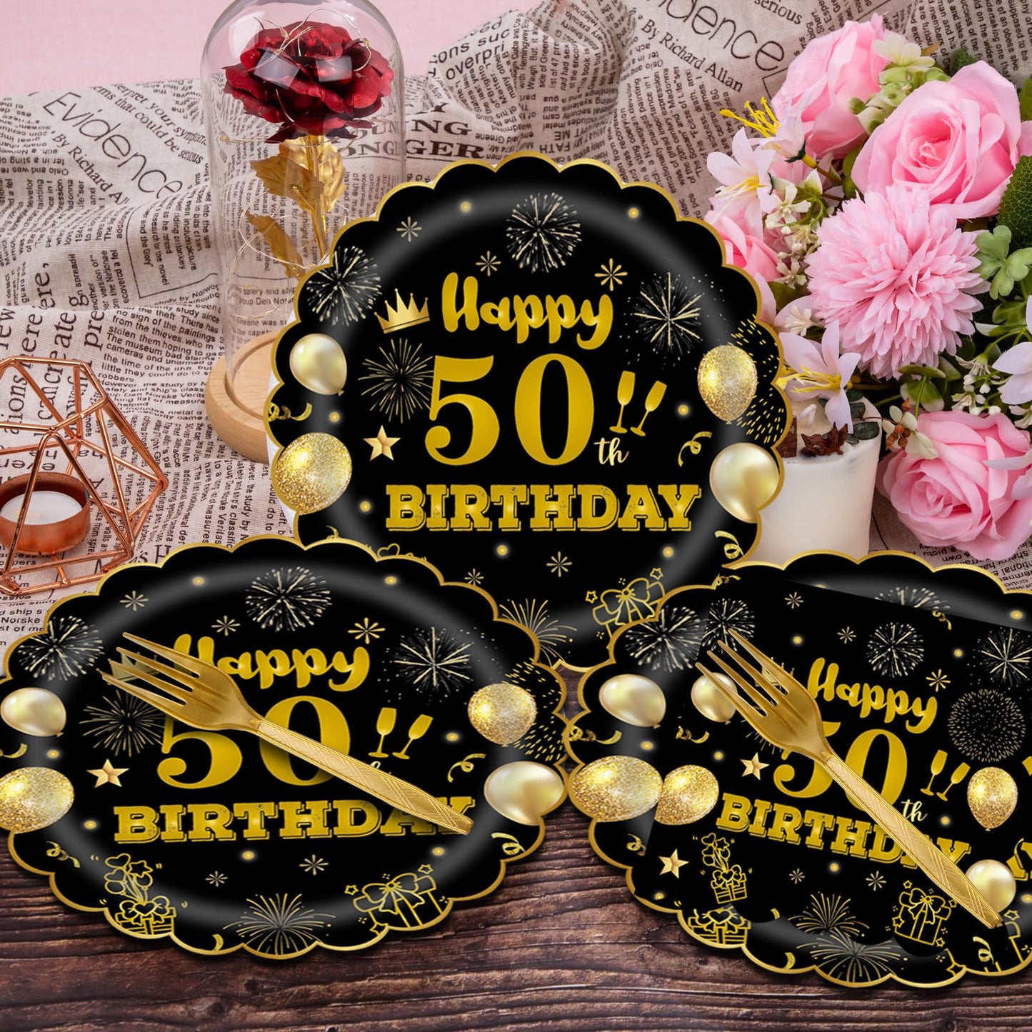 EVYIENEN 96Pcs 50th Birthday Party Tableware Set,Back in 1965 Birthday Party Decorations Supplies, Disposable Black and Gold 50th Birthdays Paper Plates Napkins Forks Favors for Men Women, Serve 24