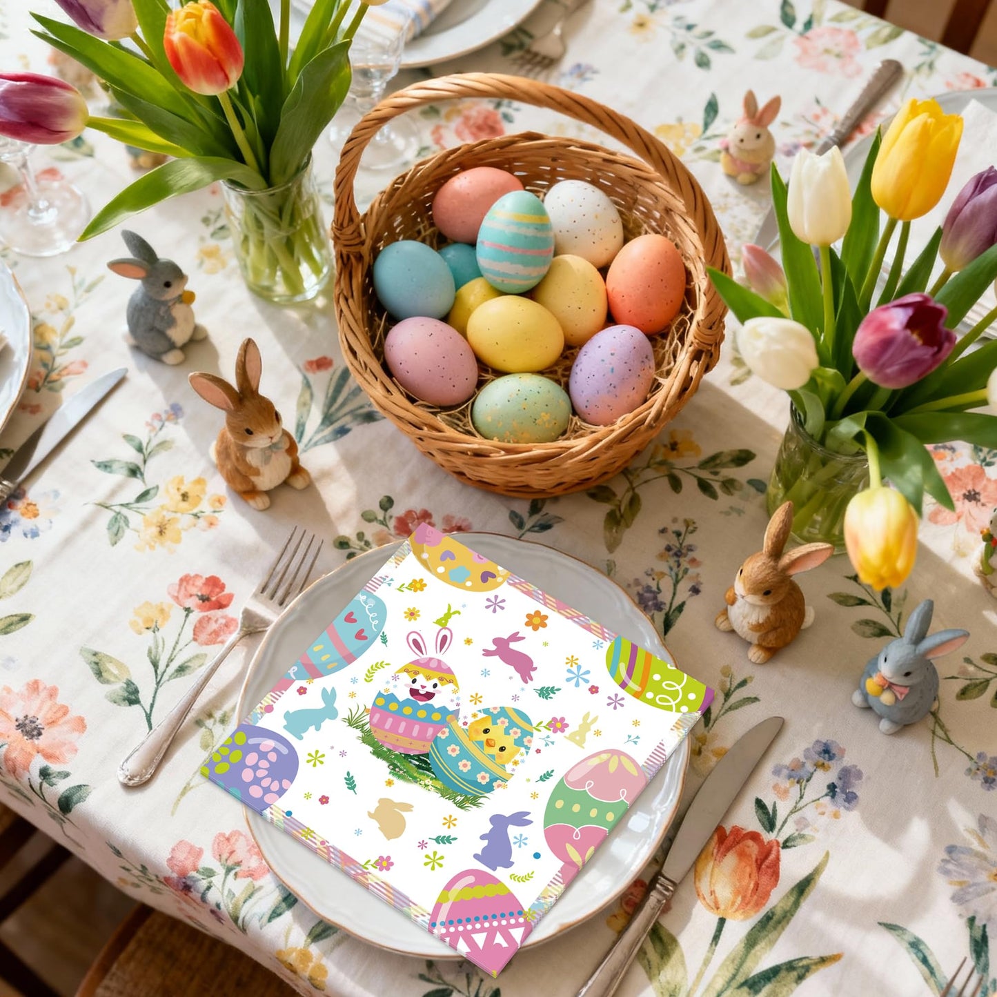 50Pcs Easter Paper Napkins - 6.5'' x 6.5'' Vibrant Bunny Eggs Floral Cocktail Napkins Disposable Decoration Supplies for Easter Spring Birthday Party