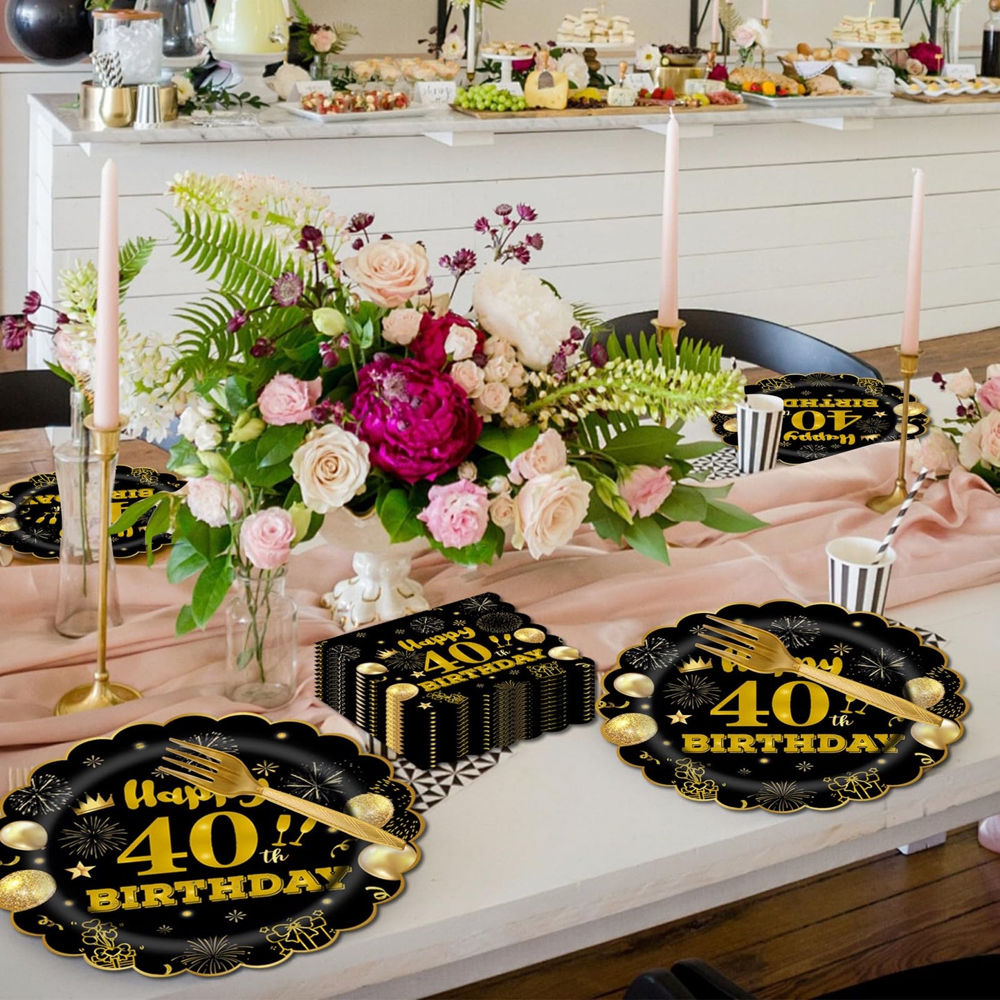 EVYIENEN 96Pcs 60th Birthday Party Tableware Set,Back in 1965 Birthday Party Decorations Supplies, Disposable Black and Gold 60th Birthdays Paper Plates Napkins Forks Favors for Men Women, Serve 24
