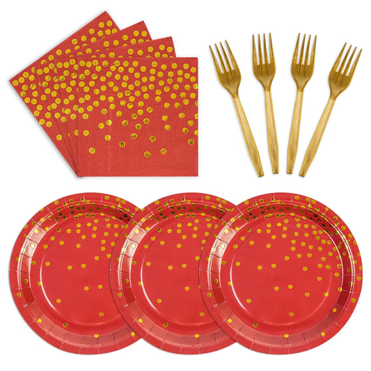 75PCS Red Dots and Gold Paper Plates, Napkins & Forks Set, Serves 25 for Birthdays, Weddings & Christmas