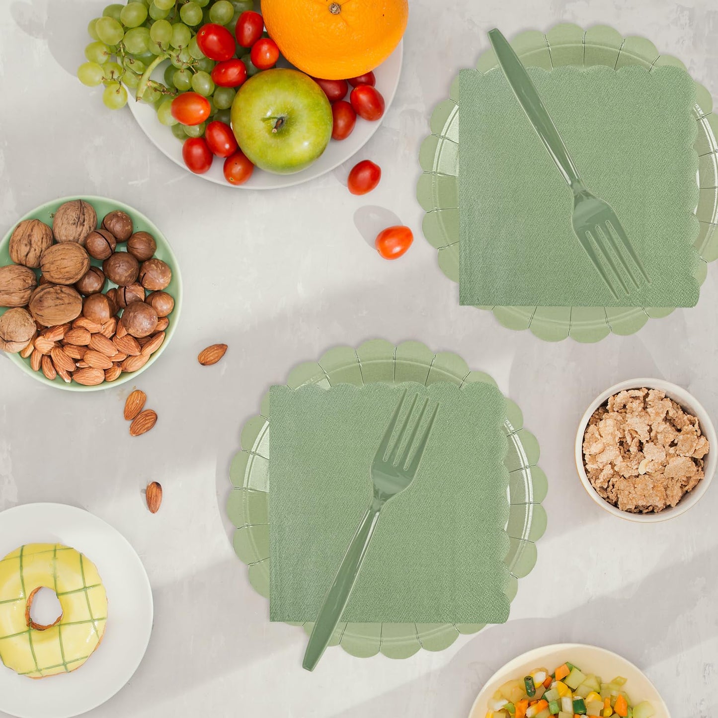 75Pcs Sage Green Scalloped Paper Plates and Napkins Set, 9 Inch Lace Edge Disposable Tableware with Forks for Baby Shower, Wedding and Birthday, Serves 25