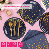 168PCS Blue and Gold Party Supplies,Disposable Party Decorations Paper Plates Napkins Cups Plastic Forks Knives Spoons for Birthday New Year Wedding,Serve 24