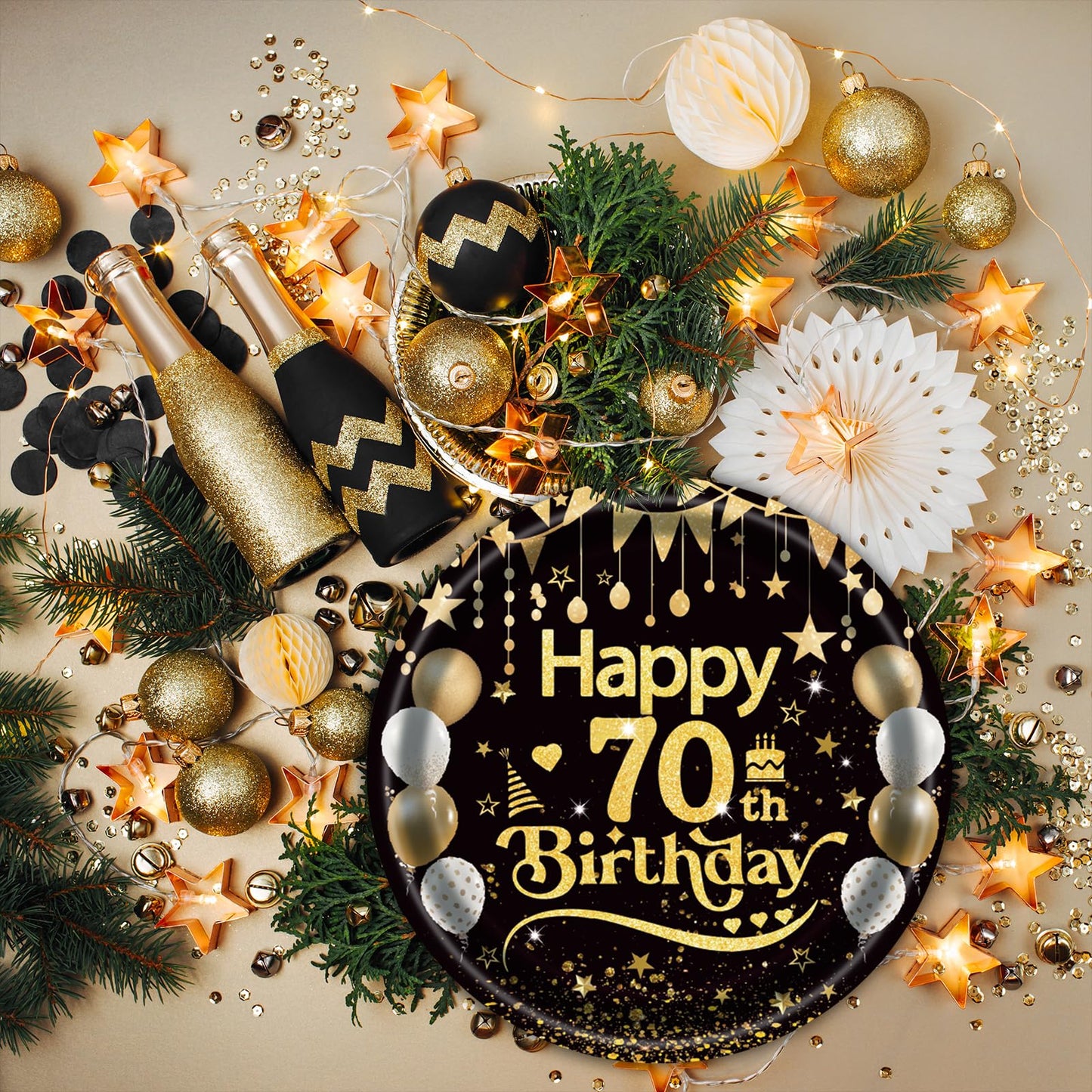 EVYIENEN 50Pcs 70th Birthday Party Paper Plates,7inch Disposable Black and Gold Dessert Party Plates Party Decorations for Men Woman 70th Happy Birthday Wedding Party Supplies