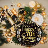 EVYIENEN 50Pcs 70th Birthday Party Paper Plates,7inch Disposable Black and Gold Dessert Party Plates Party Decorations for Men Woman 70th Happy Birthday Wedding Party Supplies