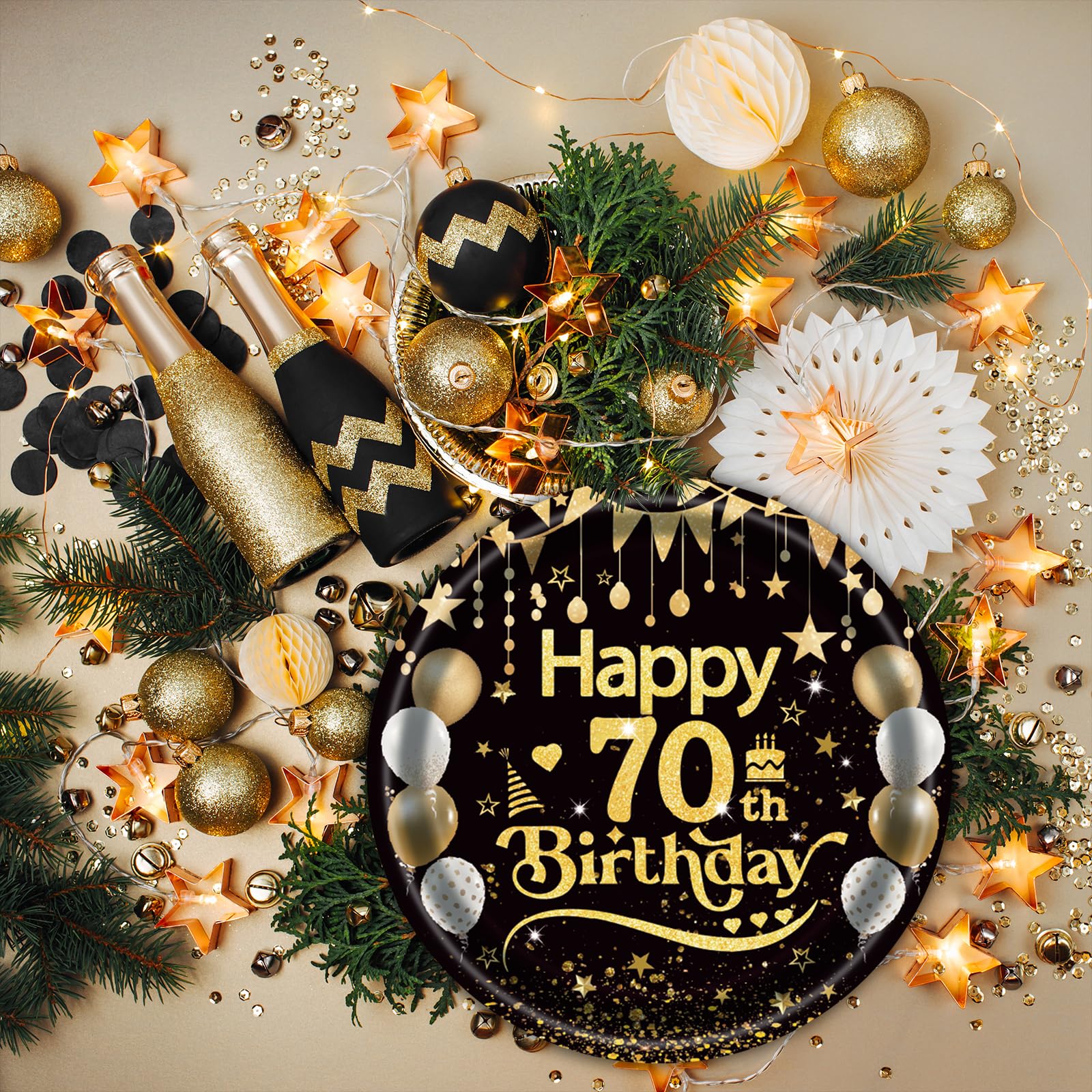 EVYIENEN 50Pcs 70th Birthday Party Paper Plates,7inch Disposable Black and Gold Dessert Party Plates Party Decorations for Men Woman 70th Happy Birthday Wedding Party Supplies