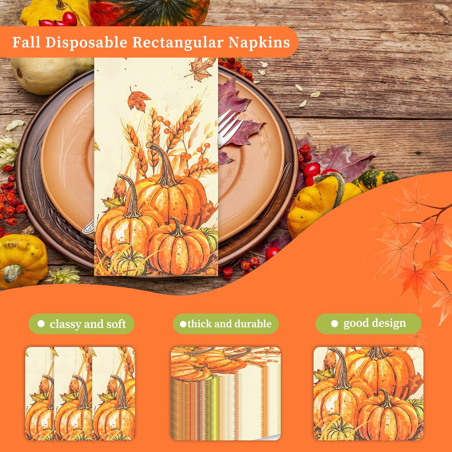 100 Pcs Fall Paper Napkin,Thanksgiving Guest Napkins,Disposable Paper Decorative Guest Napkins,Thanksgiving Harvest Pumpkin for Autumn Party Lunch Dinner Kitchen Bathroom Decor