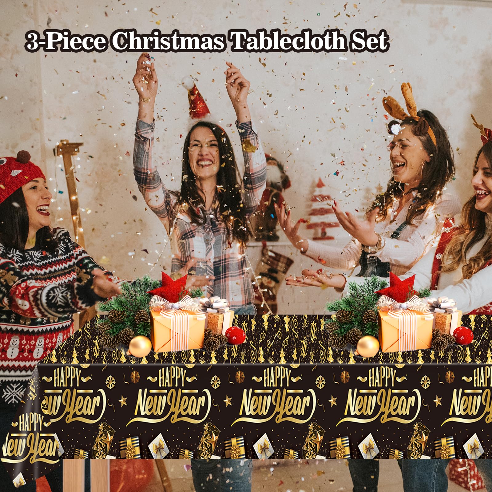 EVYIENEN 3Pcs Happy New Year Tablecloths,Black and Gold Table Covers Disposable Plastic Waterproof Tables Cover for 2026 New Year Table Supplies