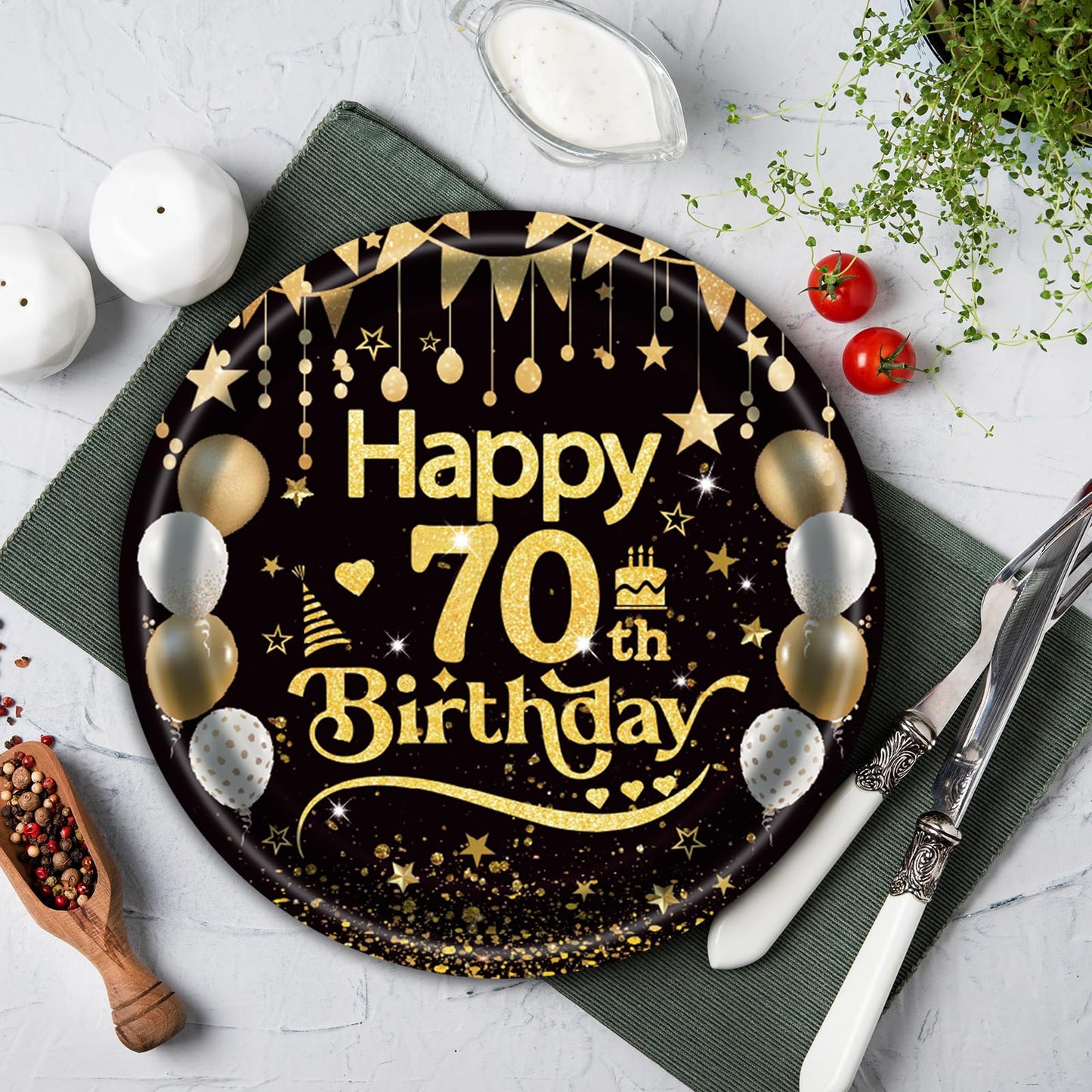 50Pcs 70th Birthday Paper Plates, 9 Inch Black and Gold Disposable Dessert Plates for Men and Women, 70th Birthday and Wedding Party