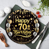 50Pcs 70th Birthday Paper Plates, 9 Inch Black and Gold Disposable Dessert Plates for Men and Women, 70th Birthday and Wedding Party