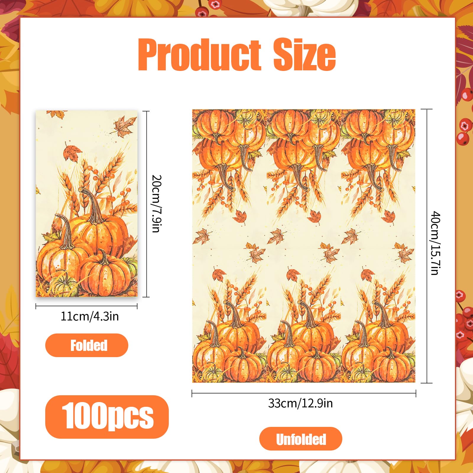 100 Pcs Fall Paper Napkin,Thanksgiving Guest Napkins,Disposable Paper Decorative Guest Napkins,Thanksgiving Harvest Pumpkin for Autumn Party Lunch Dinner Kitchen Bathroom Decor