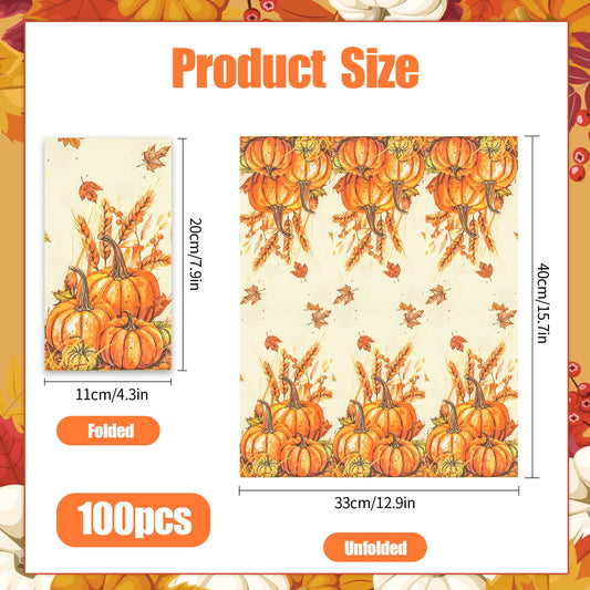 100 Pcs Fall Paper Napkin,Thanksgiving Guest Napkins,Disposable Paper Decorative Guest Napkins,Thanksgiving Harvest Pumpkin for Autumn Party Lunch Dinner Kitchen Bathroom Decor