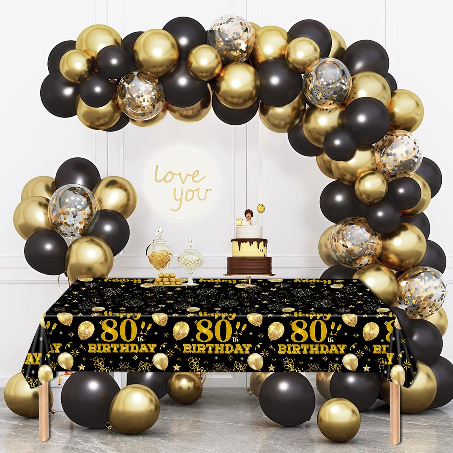 EVYIENEN 2 Pack 80th Birthday Tablecloths,54 x 108 inch Disposable Black and Gold Plastic Waterproof Rectangular Table Covers for Men’s Christmas Party Decorations