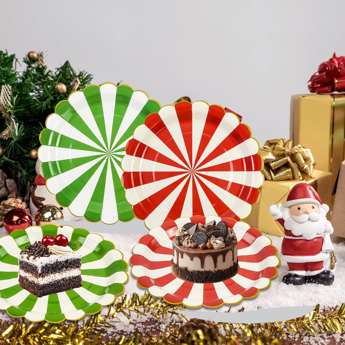 EVYIENEN 60Pcs Christmas Candy Paper Plates,7 Inch Red White and Green Striped Disposable Dinner Dessert Cake Plates Dinnerware for Christmas New Year Holiday Supplies Decorations