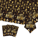 EVYIENEN 3Pcs Happy New Year Tablecloths,Black and Gold Table Covers Disposable Plastic Waterproof Tables Cover for 2026 New Year Table Supplies