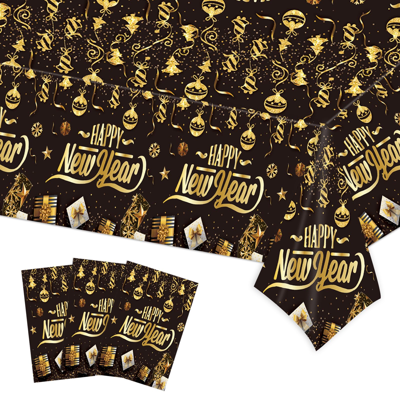 EVYIENEN 3Pcs Happy New Year Tablecloths,Black and Gold Table Covers Disposable Plastic Waterproof Tables Cover for 2026 New Year Table Supplies