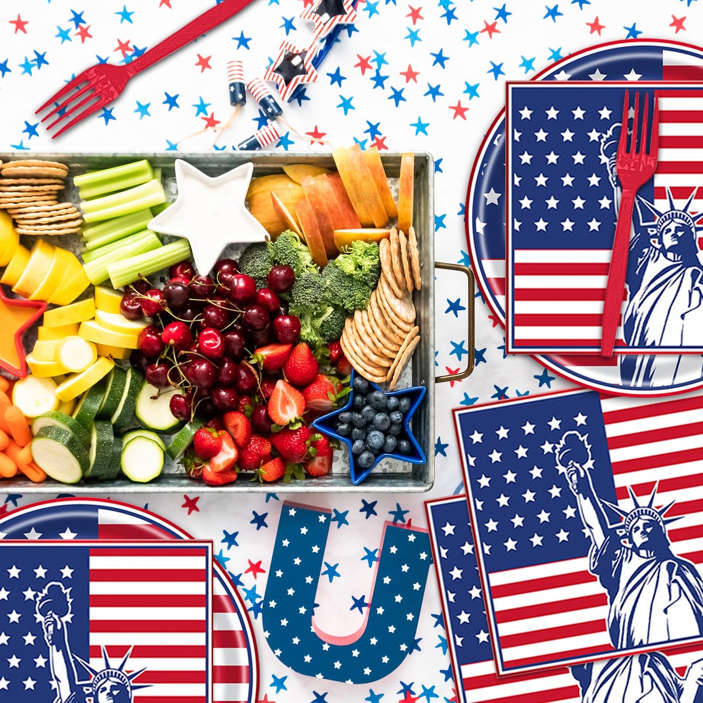 EVYIENEN 75Pcs 4th of July Plates and Napkins Party Supplies,7 Inch American Flag Patriotic Paper Plates and 6.5 Inch Napkins with 6.3 Inch Forks Disposable Tableware Set