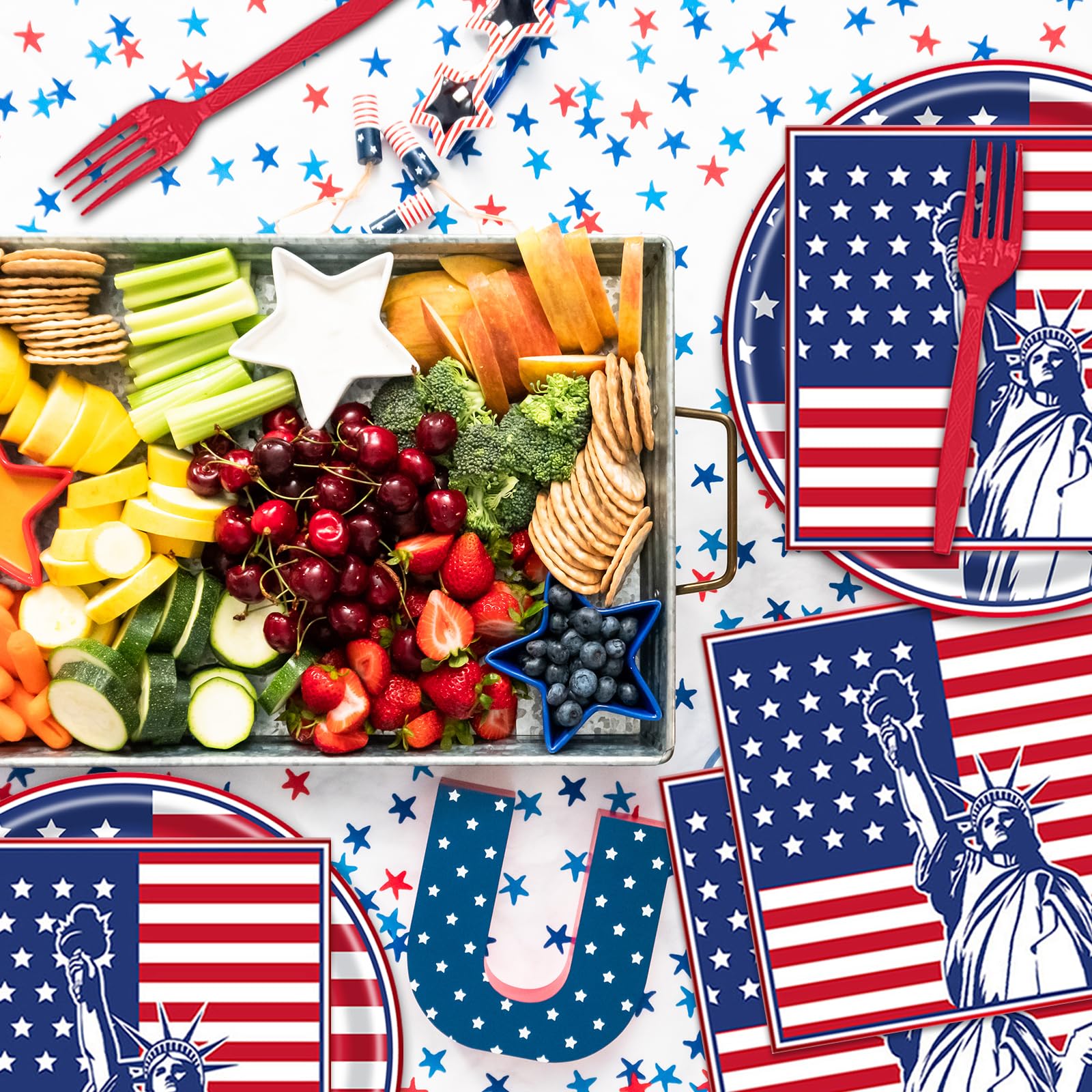 EVYIENEN 75Pcs 4th of July Plates and Napkins Party Supplies,7 Inch American Flag Patriotic Paper Plates and 6.5 Inch Napkins with 6.3 Inch Forks Disposable Tableware Set