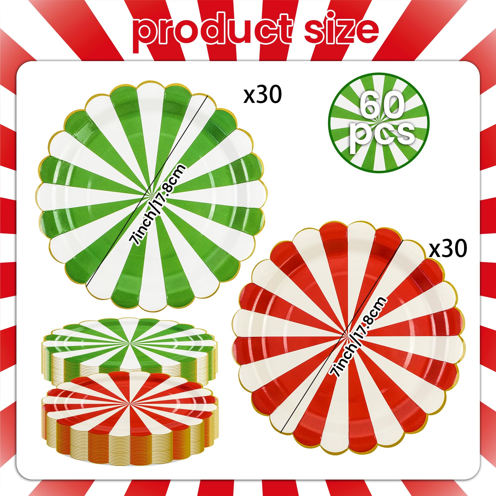 EVYIENEN 60Pcs Christmas Candy Paper Plates,7 Inch Red White and Green Striped Disposable Dinner Dessert Cake Plates Dinnerware for Christmas New Year Holiday Supplies Decorations