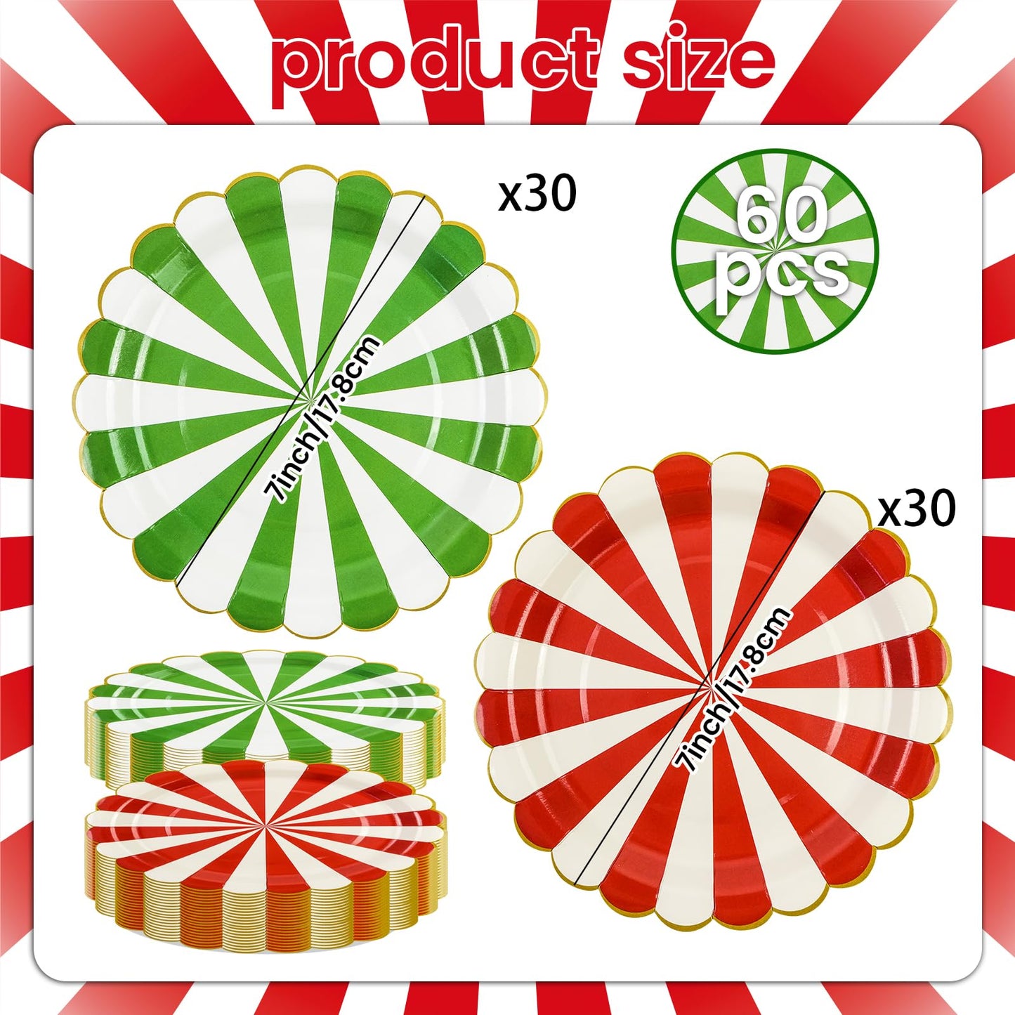 EVYIENEN 60Pcs Christmas Candy Paper Plates,7 Inch Red White and Green Striped Disposable Dinner Dessert Cake Plates Dinnerware for Christmas New Year Holiday Supplies Decorations
