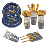 168PCS Happy Birthday Blue and Gold Party Supplies,Disposable Party Decorations Paper Plates Napkins Cups Plastic Forks Knives Spoons for Birthday New Year Wedding,Serve 24