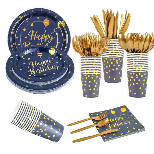 168PCS Happy Birthday Blue and Gold Party Supplies,Disposable Party Decorations Paper Plates Napkins Cups Plastic Forks Knives Spoons for Birthday New Year Wedding,Serve 24