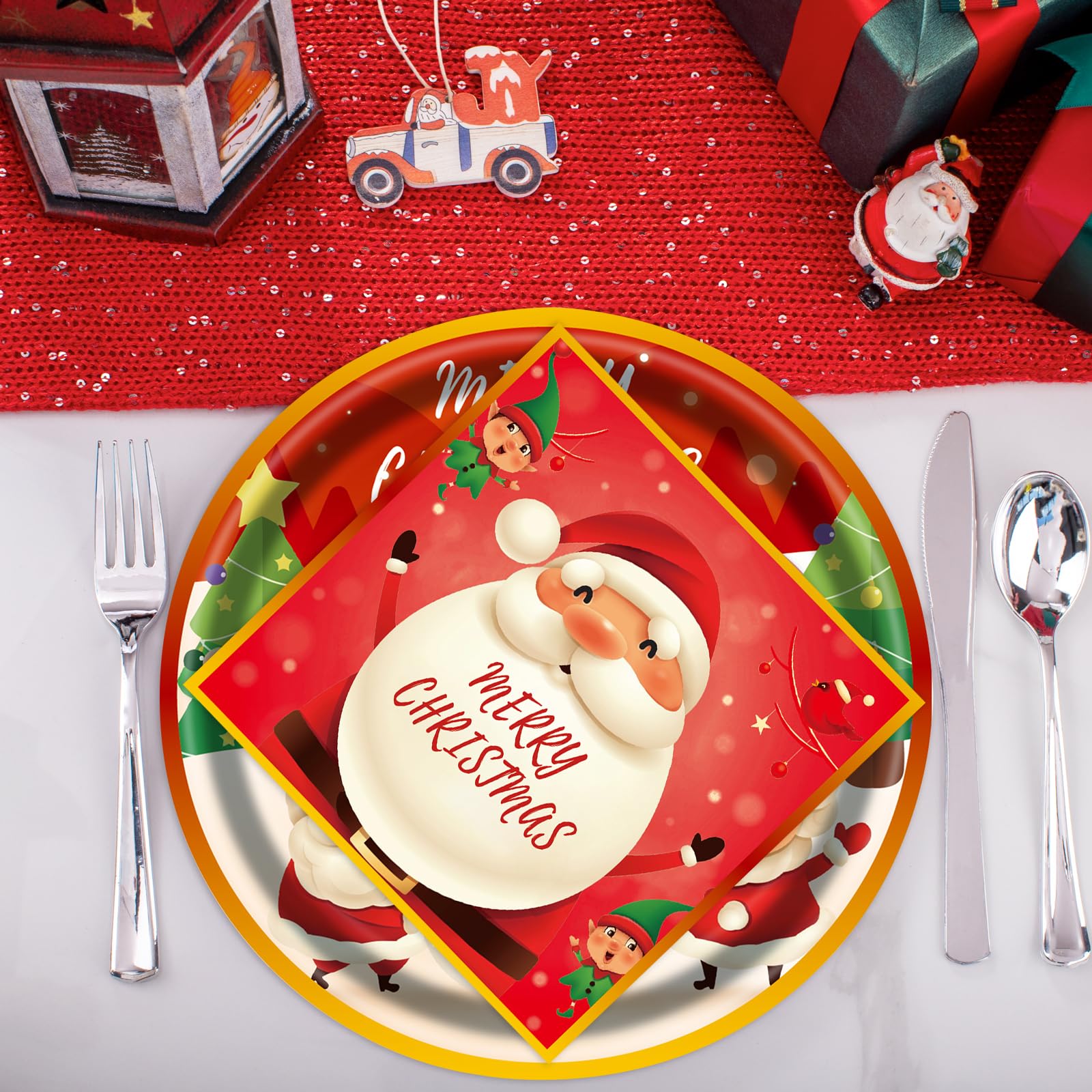 EVYIENEN 40pcs Christmas Paper Plates and Napkins Set, Christmas Party Supplies Disposable Holiday Santa Claus Tableware for Merry Xmas Winter Holiday Theme Party Decor,Serves 20
