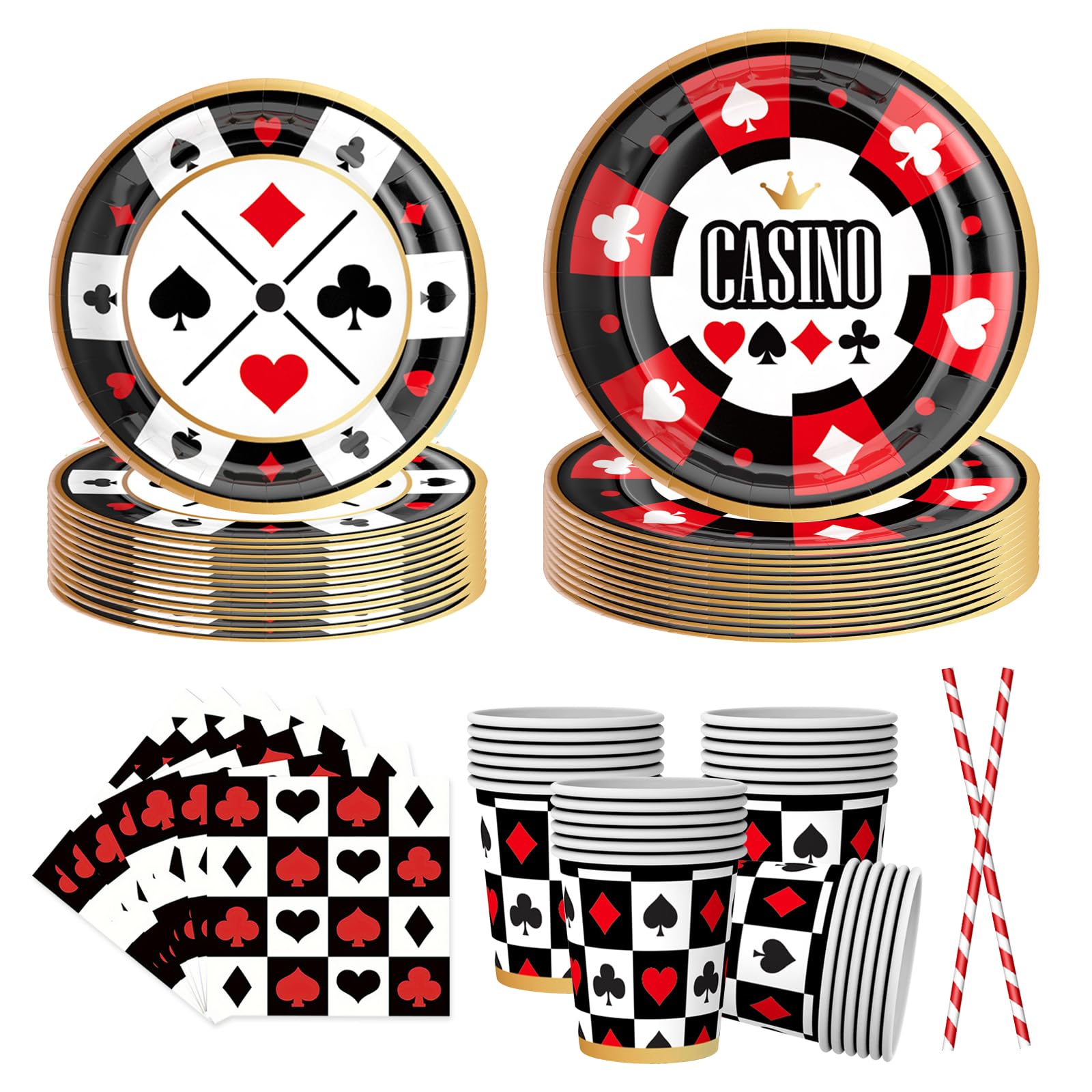 50PCS Casino Poker Tableware Set, Includes Straw Cups, Plates, Napkins - Disposable Party Supplies for Birthday, Weddings