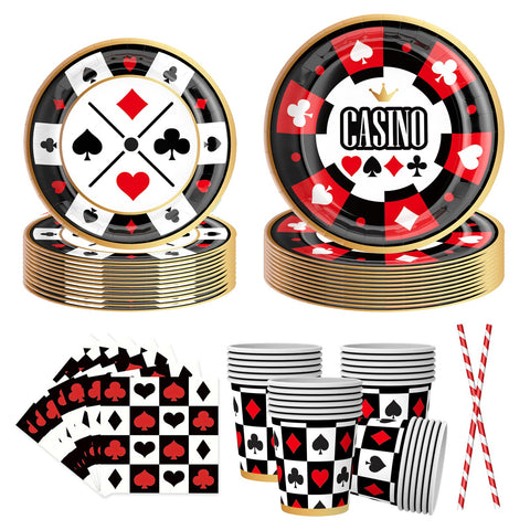 50 Pcs Casino Poker Party Tableware Set – Plates, Cups, Napkins & Straws, Disposable Supplies for Birthdays & Casino Night, Serves 10