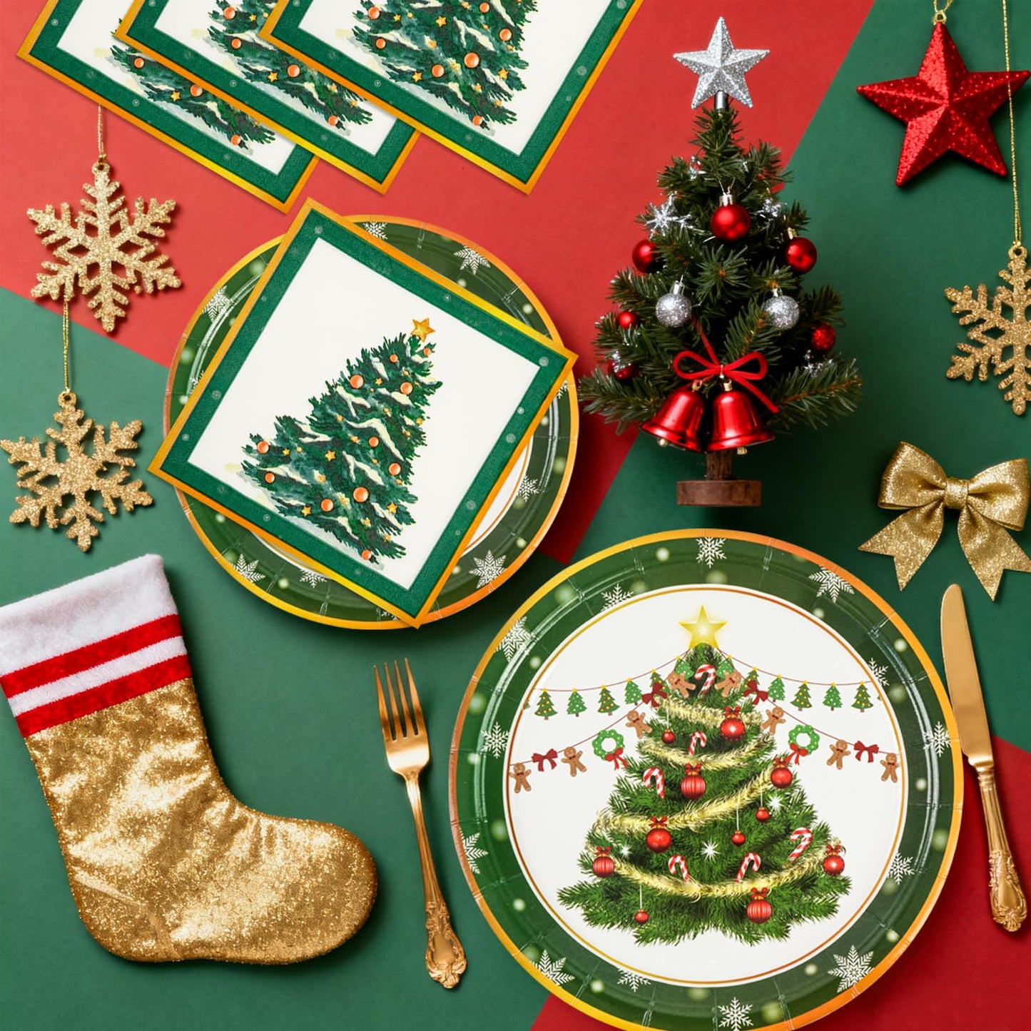 EVYIENEN 150 Pcs Christmas Plates and Napkins,Christmas Tree Party Supplies Merry Christma Disposable Paper Plates Napkins Dinnerware Set for Holiday Party Table Supplies