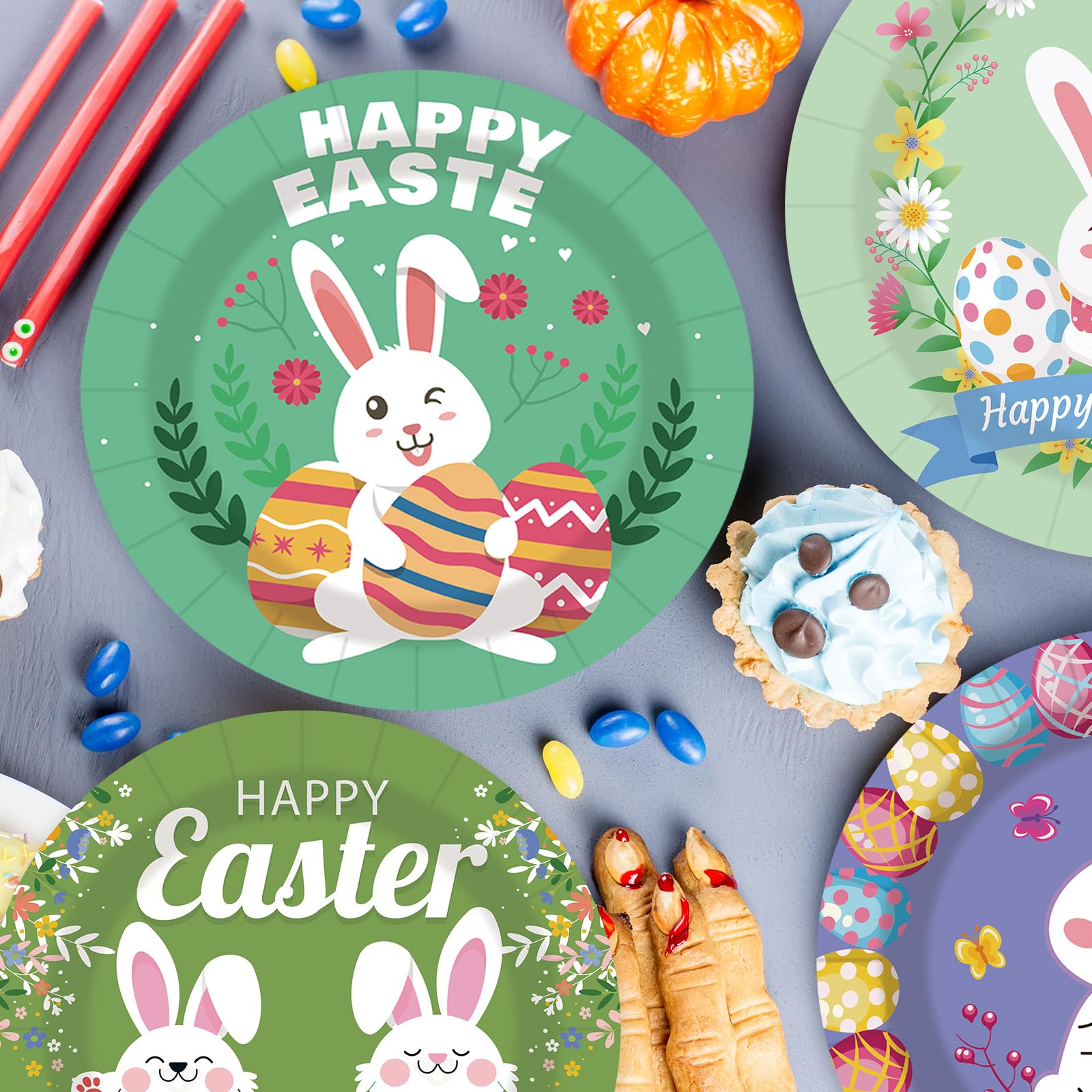 EVYIENEN 48 pcs Happy Easter Paper Plates,7Inch Dessert Plates Decorative Spring Bunny Egg Dinnerware Tableware for Easter Kids Adult Party Supplies Decorations(4 Designs)
