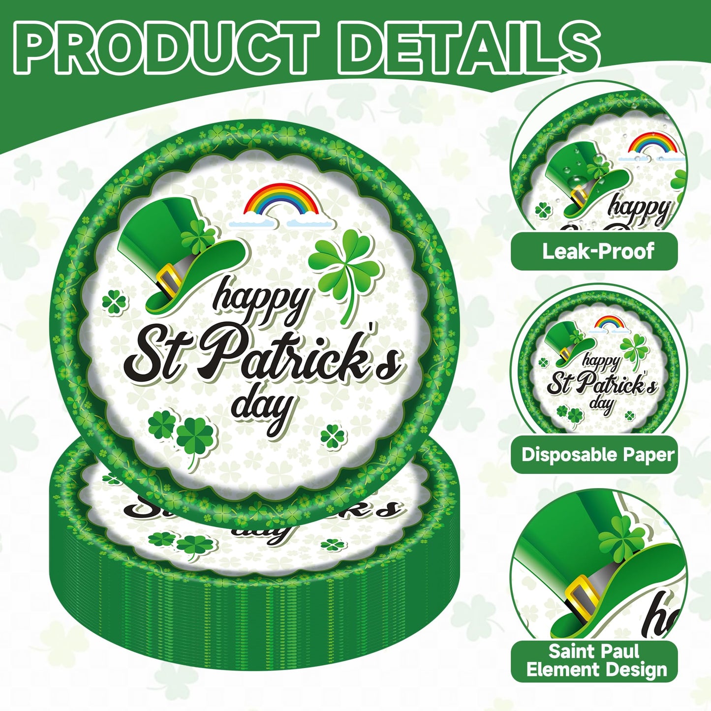 EVYIENEN 50PCS St. Patrick's Day 7-Inch Paper Plates - Green and White Lucky Shamrock Dessert Plates, Disposable Dinner Decorations for St. Patrick's Day Irish Party Supplies