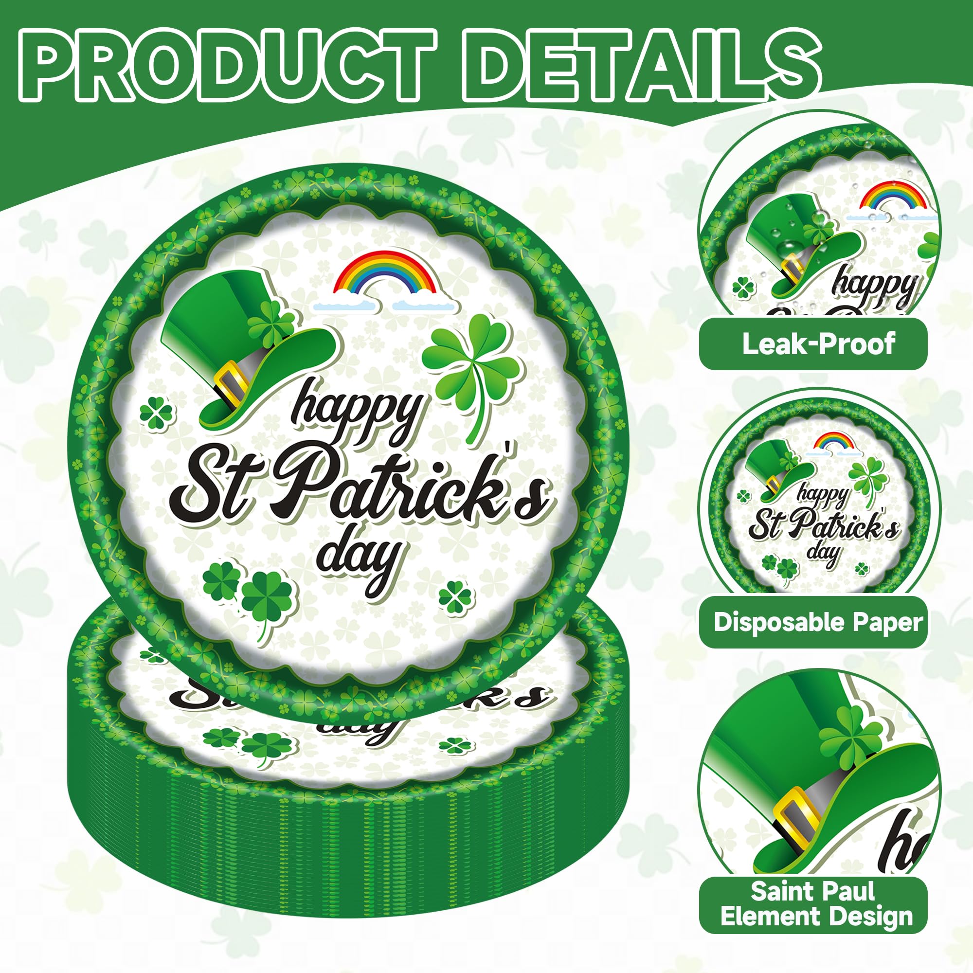 EVYIENEN 50PCS St. Patrick's Day 7-Inch Paper Plates - Green and White Lucky Shamrock Dessert Plates, Disposable Dinner Decorations for St. Patrick's Day Irish Party Supplies