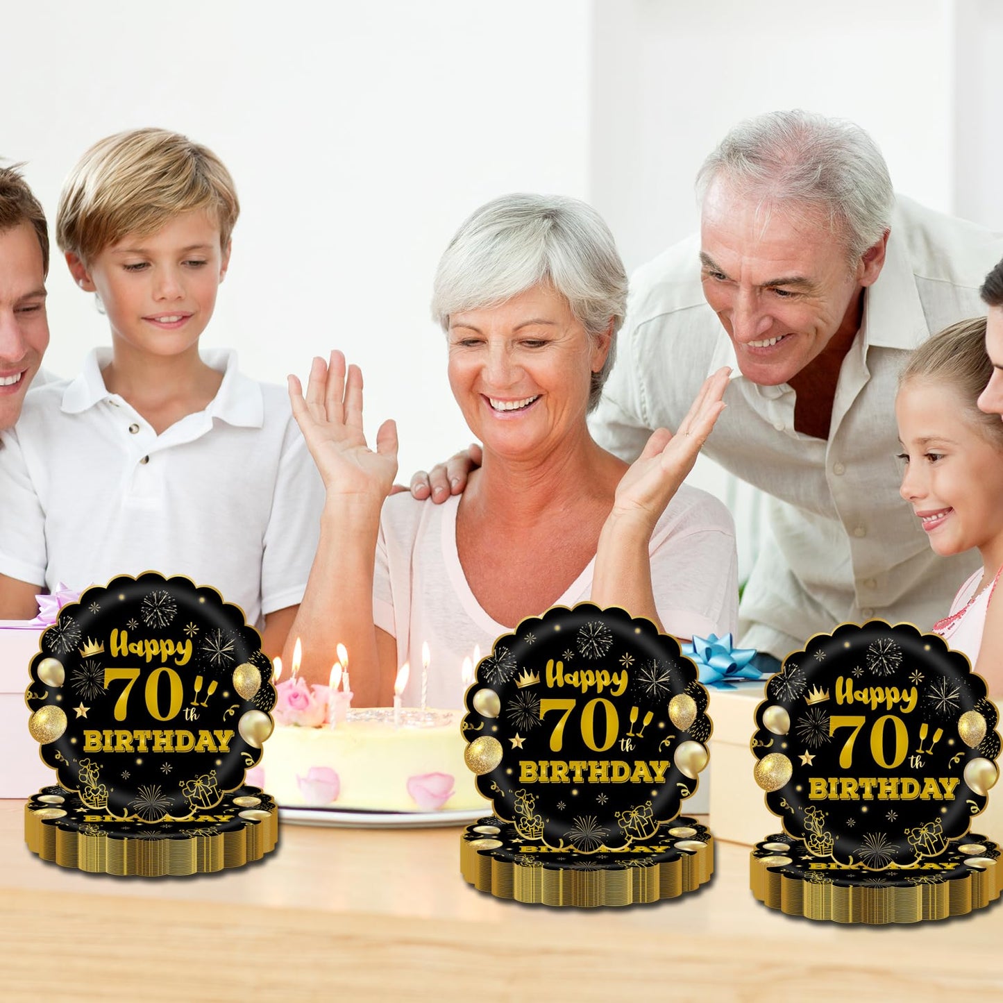 EVYIENEN 50Pcs 70th Birthday Party Paper Plates,7inch Disposable Black and Gold Scalloped Dessert Party Plates for Birthday Wedding Anniversary Reception Event Decorations