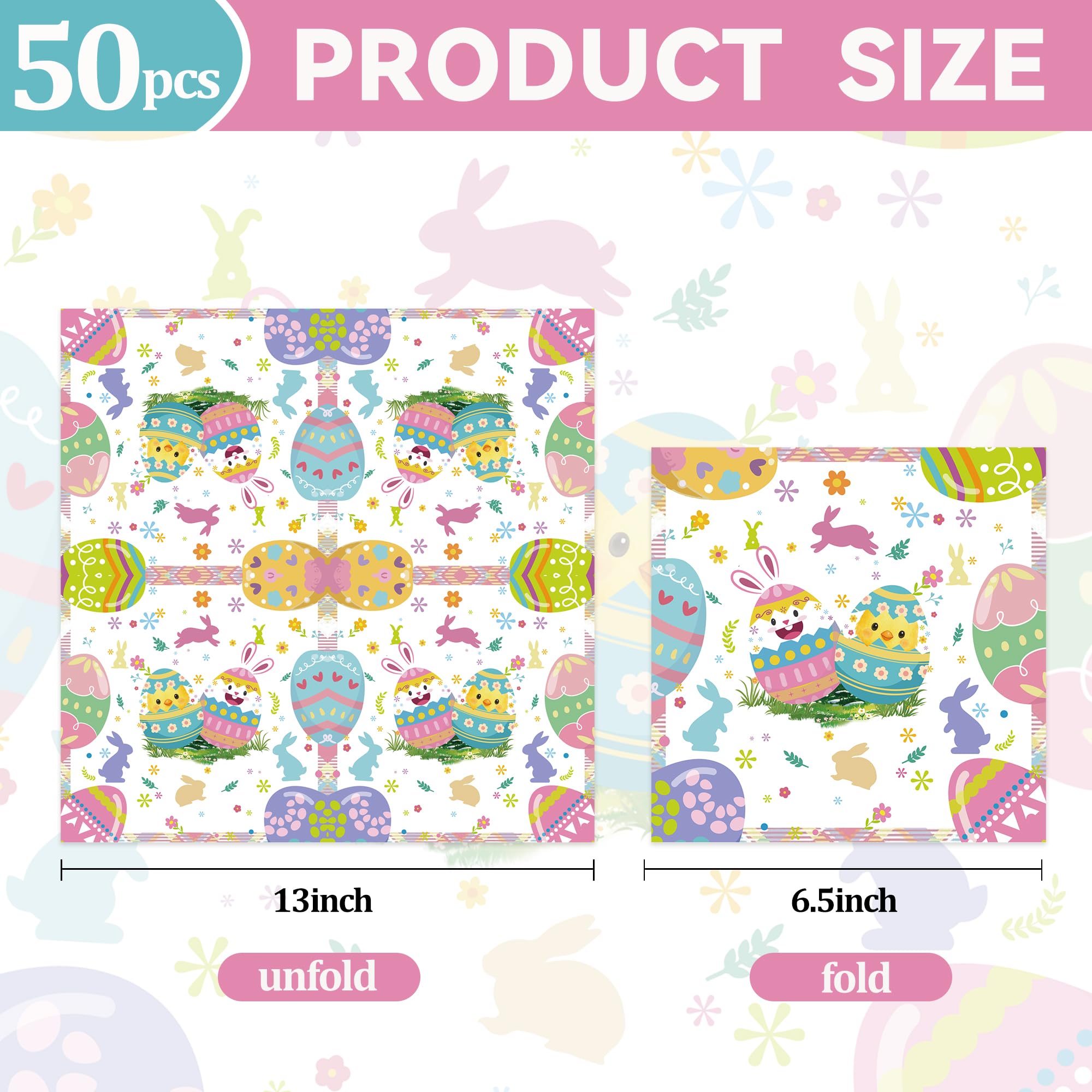 50Pcs Easter Paper Napkins - 6.5'' x 6.5'' Vibrant Bunny Eggs Floral Cocktail Napkins Disposable Decoration Supplies for Easter Spring Birthday Party