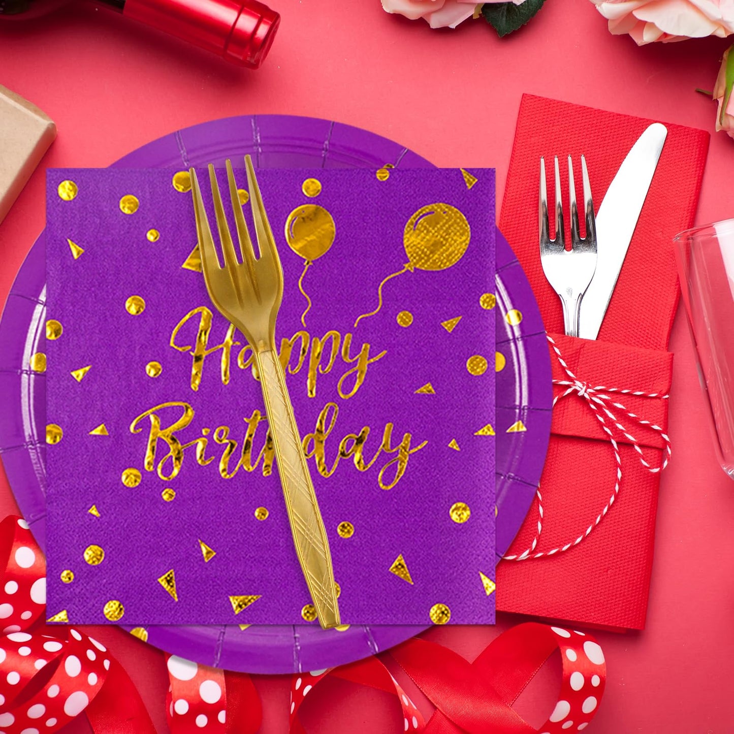 75Pcs Happy Birthday Purple Glod Paper Plates and Napkins Party Supplies Set,Purple Disposable Plates Party Supplies Includes Paper Napkins Forks Decorations for Birthday,Wedding,Christmas,Serves 25