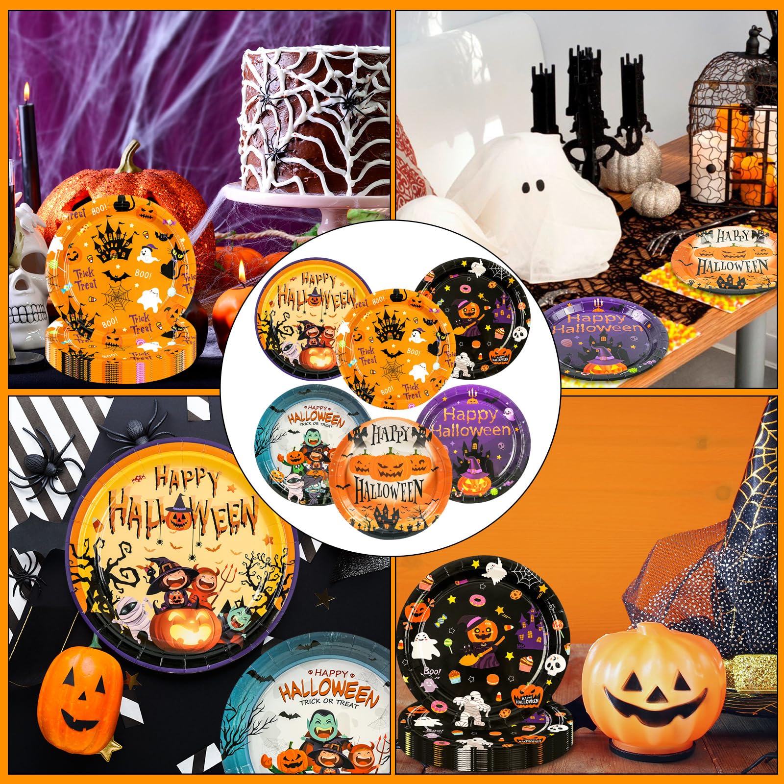 EVYIENEN 60 PCS Halloween Paper Plates,7 inch Paper Plates Pumpkin Monster Bat Skull and Ghost Disposable Cake Dessert Plate for Halloween Party Dinner Tableware Decoration Supplies