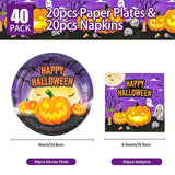 EVYIENEN 40PCS Happy Halloween Paper Plates and Napkins,9Inch Disposable Pumpkin Ghost Dessert Plates for Halloween Theme Birthday Party Supplies,Serve 20