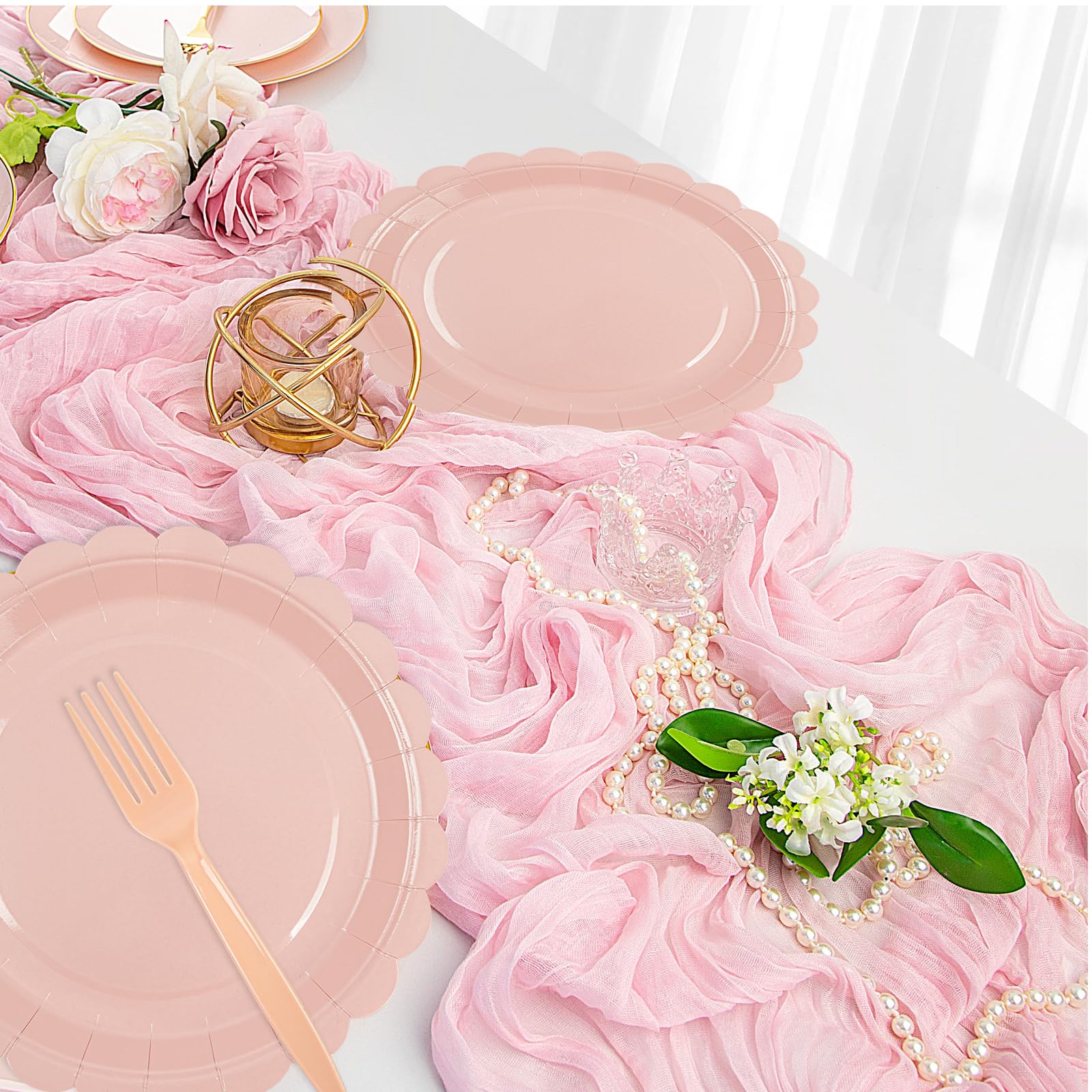 75 Pcs Pink Scalloped Paper Plates, Napkins & Forks Set – Disposable Tableware for Baby Shower, Bridal Shower, Weddings & Valentine's, Serves 25 (9 Inch)