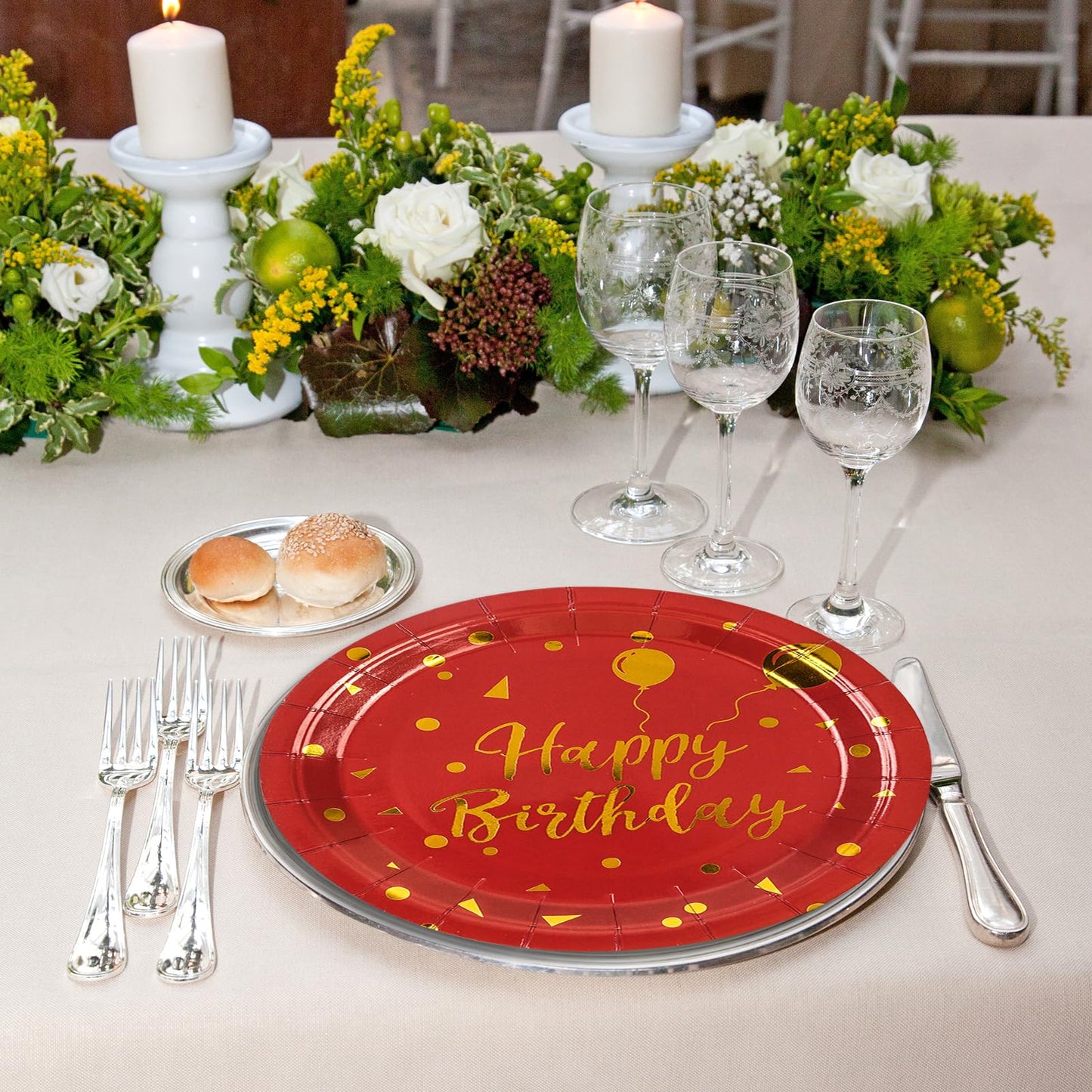 EVYIENEN 50 Pack Happy Birthday Red and Gold Paper Plates, 7 inch Metallic Foil Polka Dots Disposable Dessert Party Supplies for Graduation Wedding Holiday Christma Party Decorations