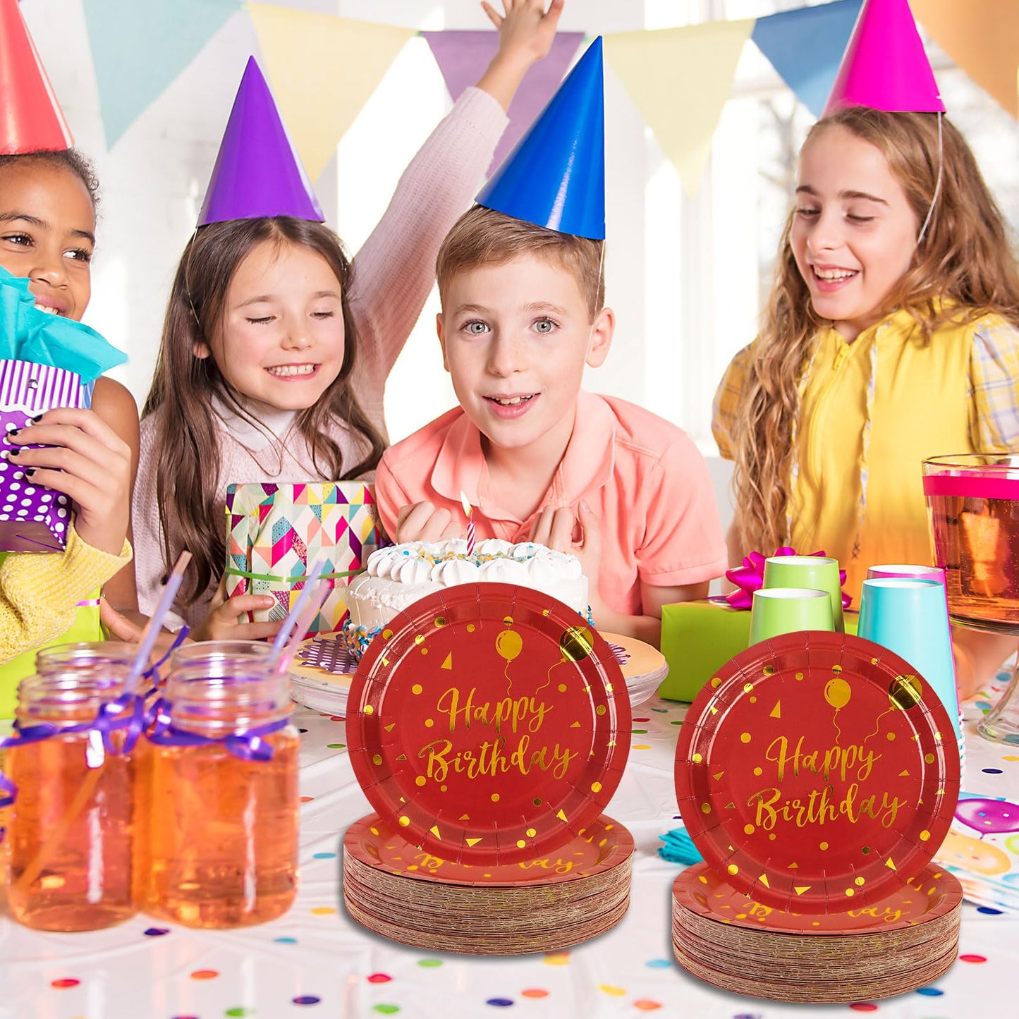 EVYIENEN 50PCS Happy Birthday Red and Gold Paper Plates, 9 inch Metallic Foil Polka Dots Disposable Dessert Party Plates Party Supplies for Graduation Birthday Cocktail Weddings Holiday